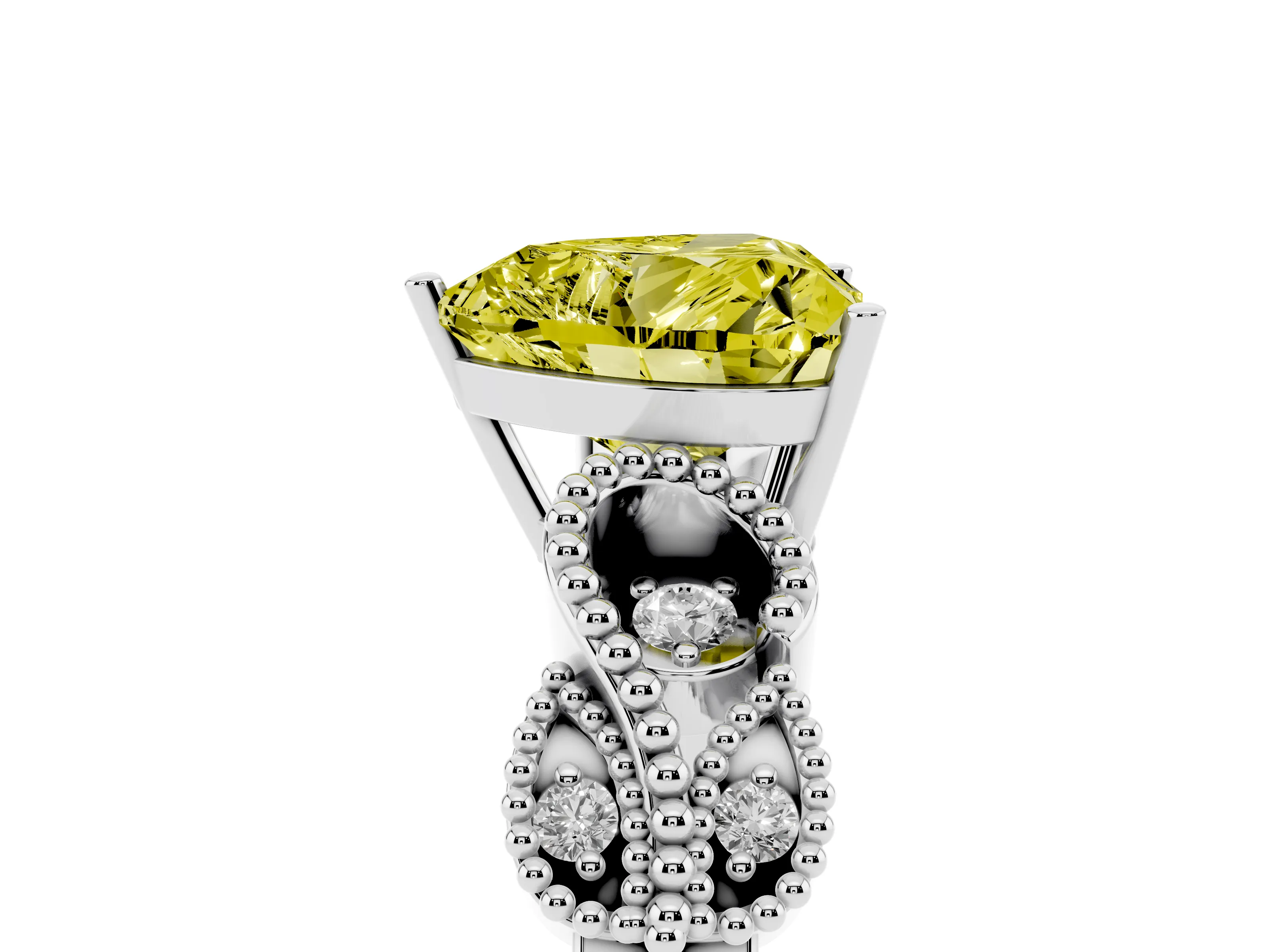 Fancy Yellow Heart Cut Diamond Milgrain Leaf Band Solitaire Ring Set in White gold with Accent Stones and Prong Setting