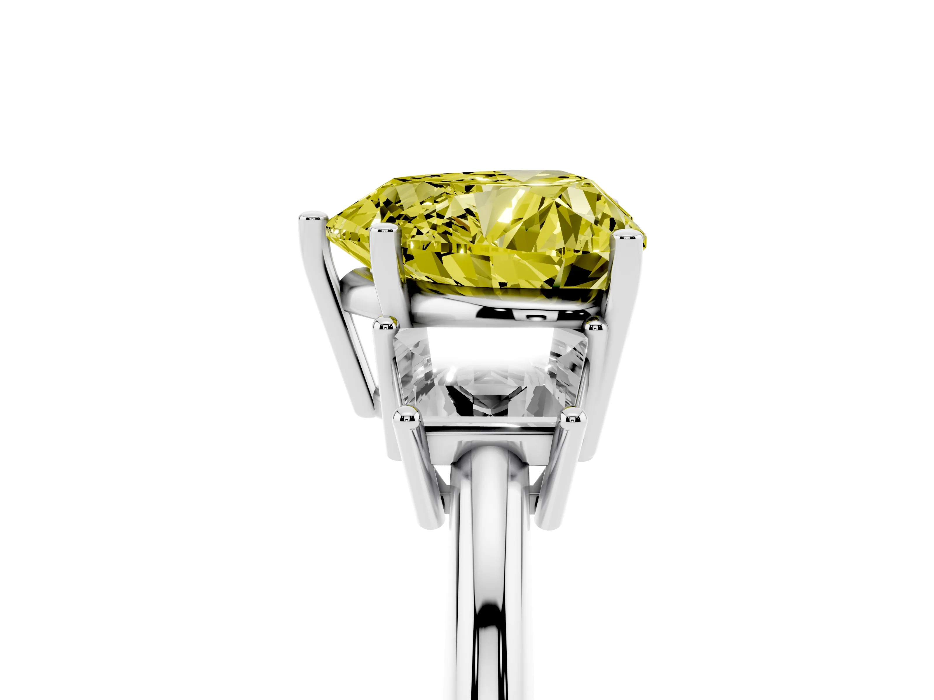 Fancy Yellow Heart Cut Diamond Three-Stone Ring Set in Silver with Trapezoid Side Stones and Prong Setting