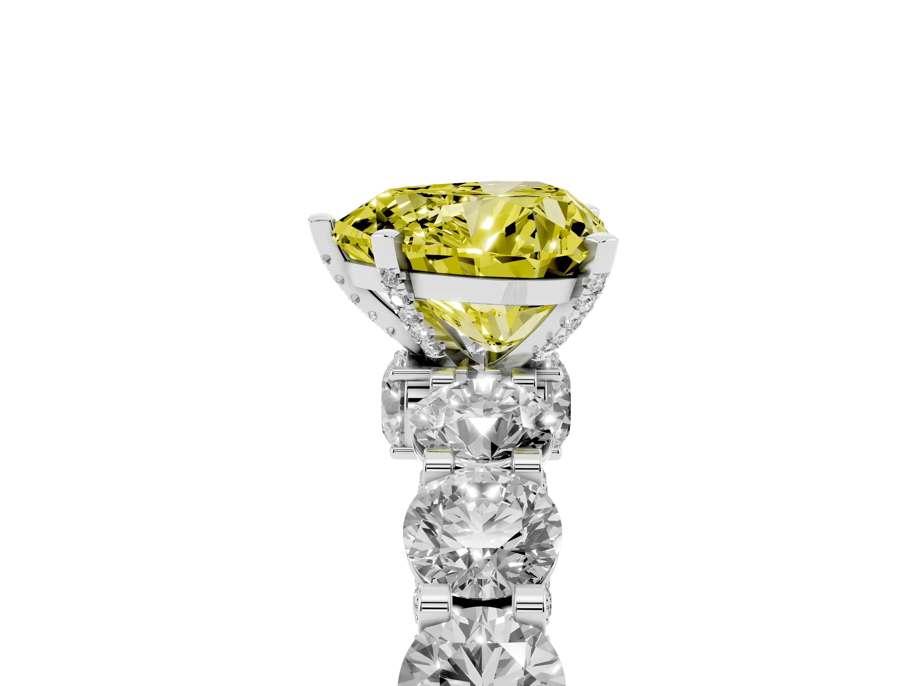 Fancy Yellow Heart Cut Diamond Side Stone Ring Set in White gold with Alternating Round and Oval Side Stones