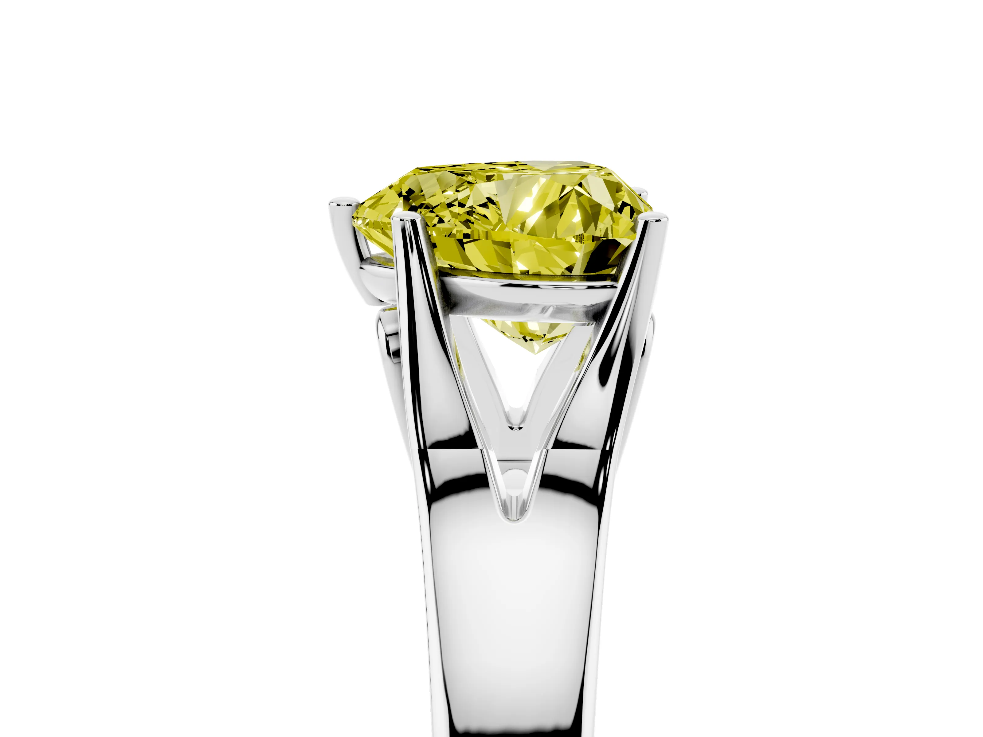 Fancy Yellow Heart Cut Diamond Solitaire Ring Set in White gold with Arched Cathedral Band and Prong Setting