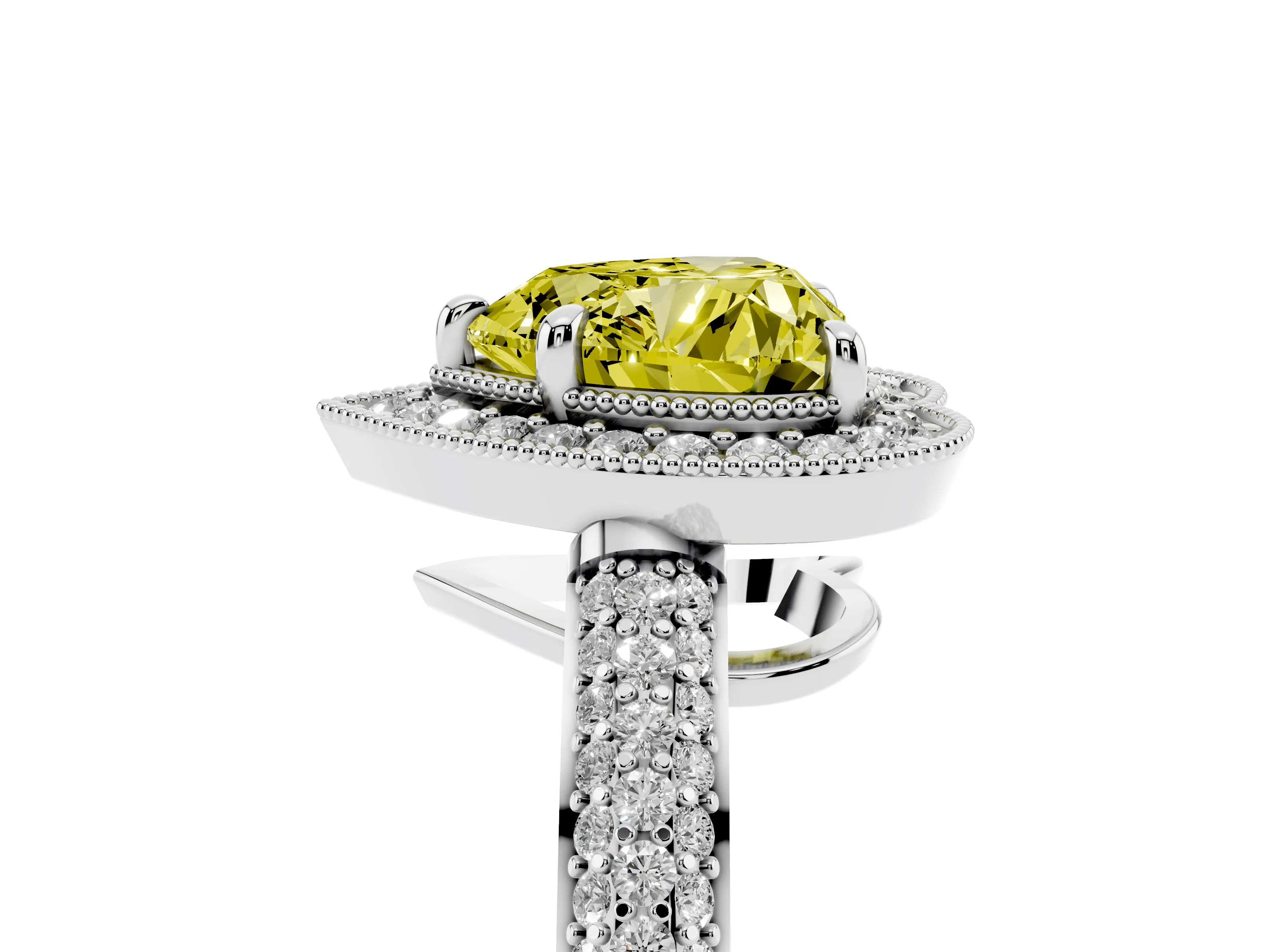 Fancy Yellow Heart Cut Diamond Halo Pavé Band Set in Silver with Prong Setting