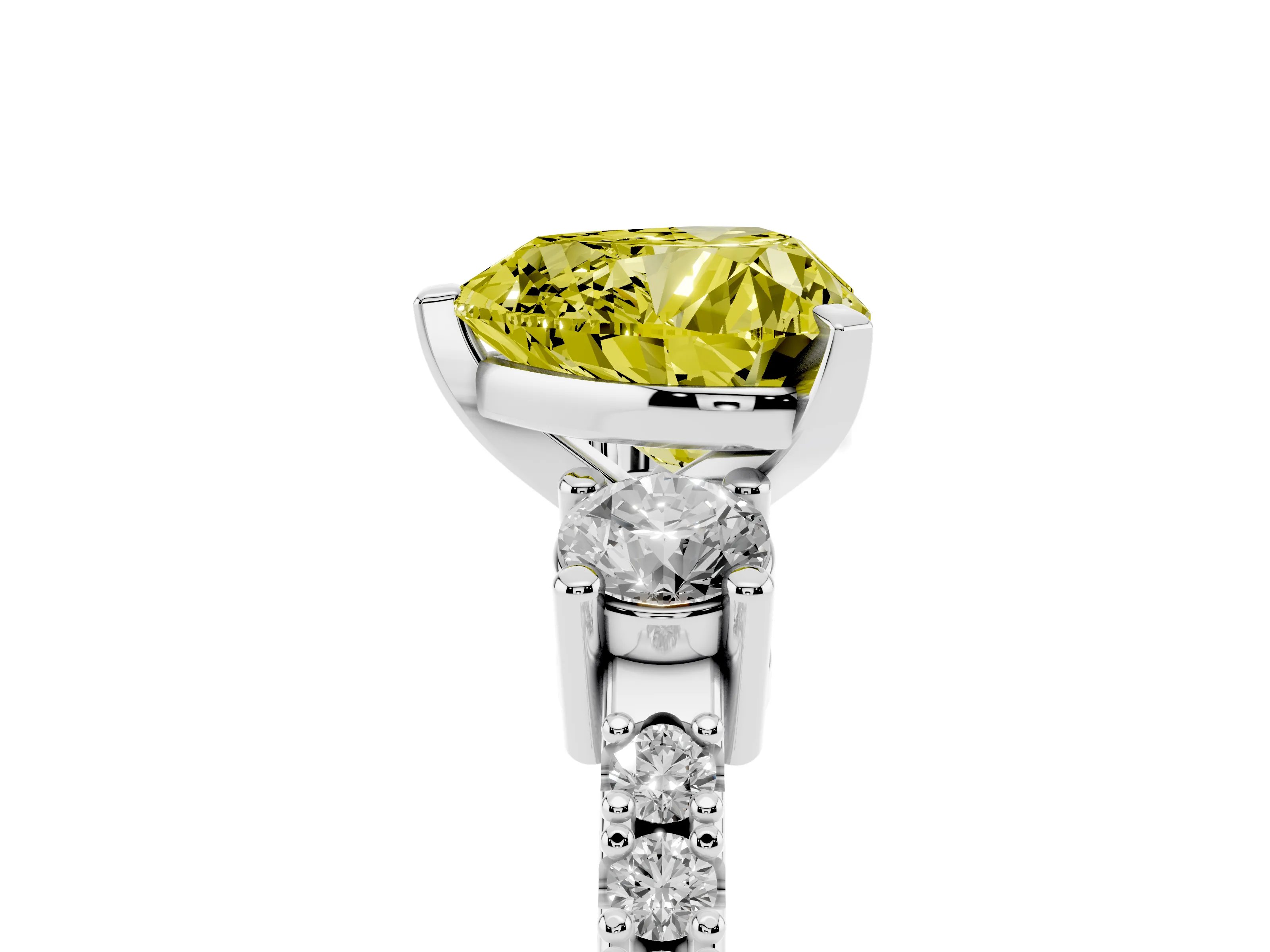 Fancy Yellow Three-Stone Heart Cut Diamond Pavé Band Ring Set in White gold with Prong Setting