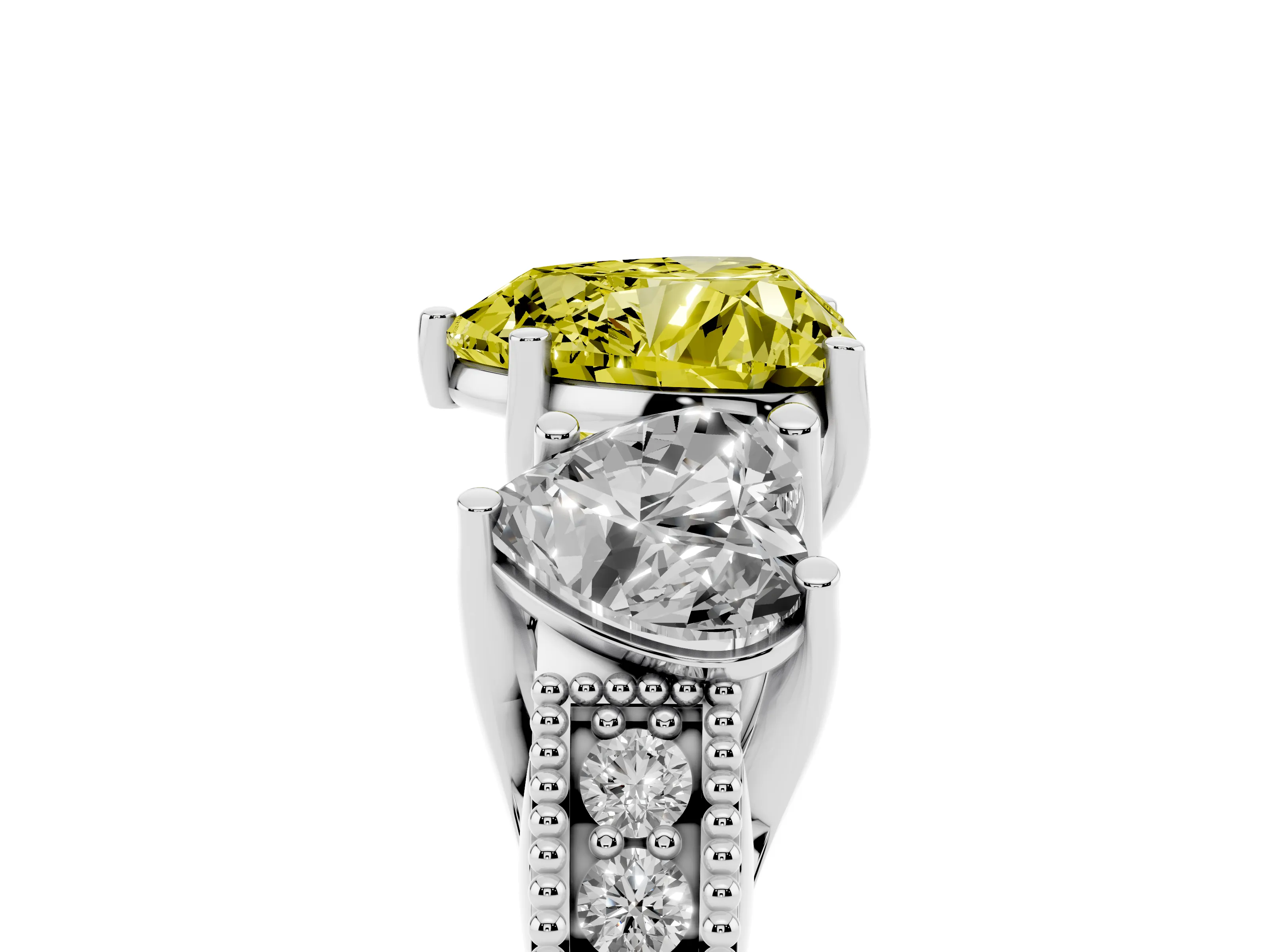 Fancy Yellow Heart Cut Diamond Three-Stone Engagement Ring Set in Silver with Milgrain Pavé Band