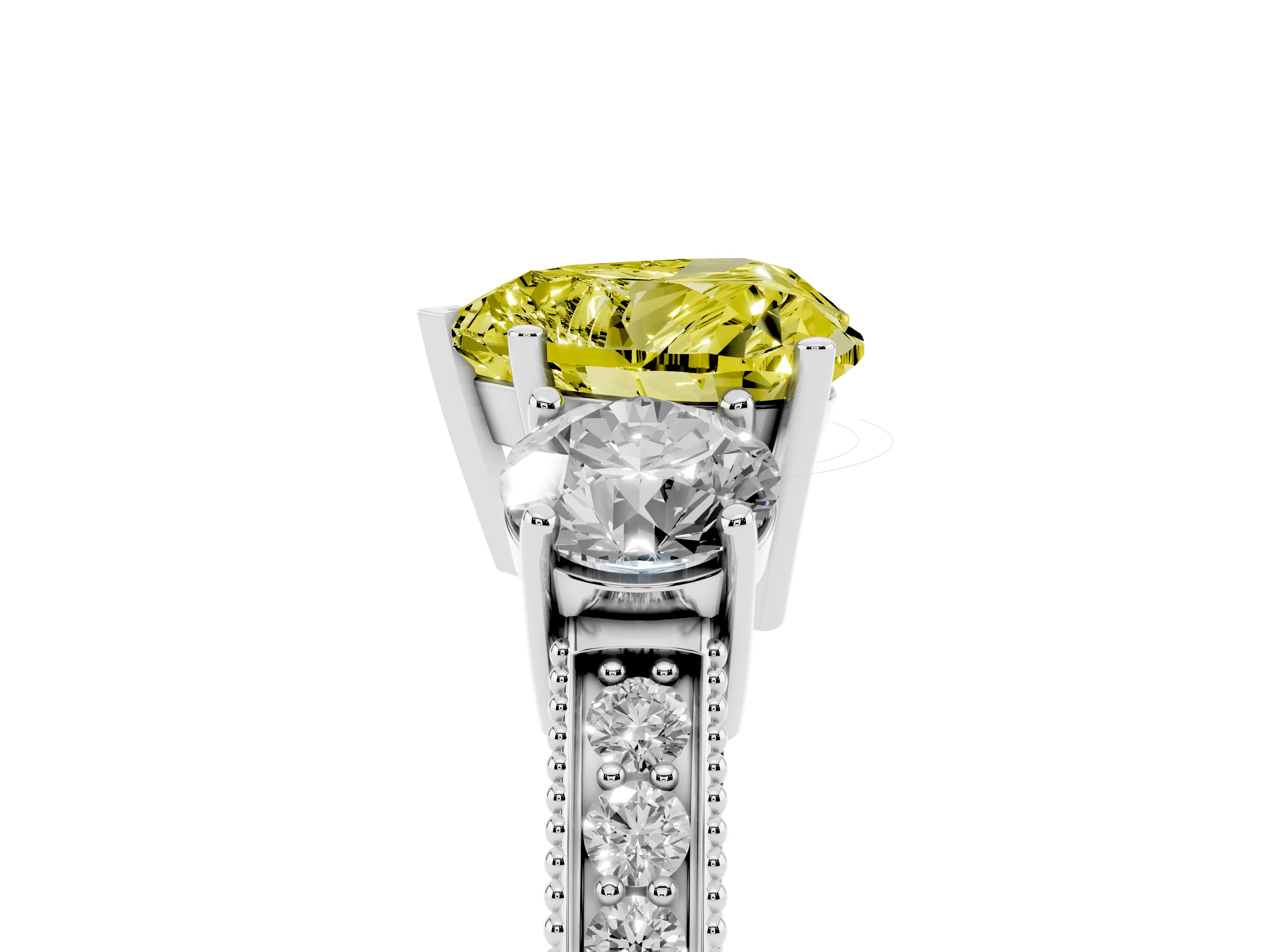 Fancy Yellow Heart Cut Diamond Three-Stone Ring Set in White gold with Round Side Stones and Pavé Band