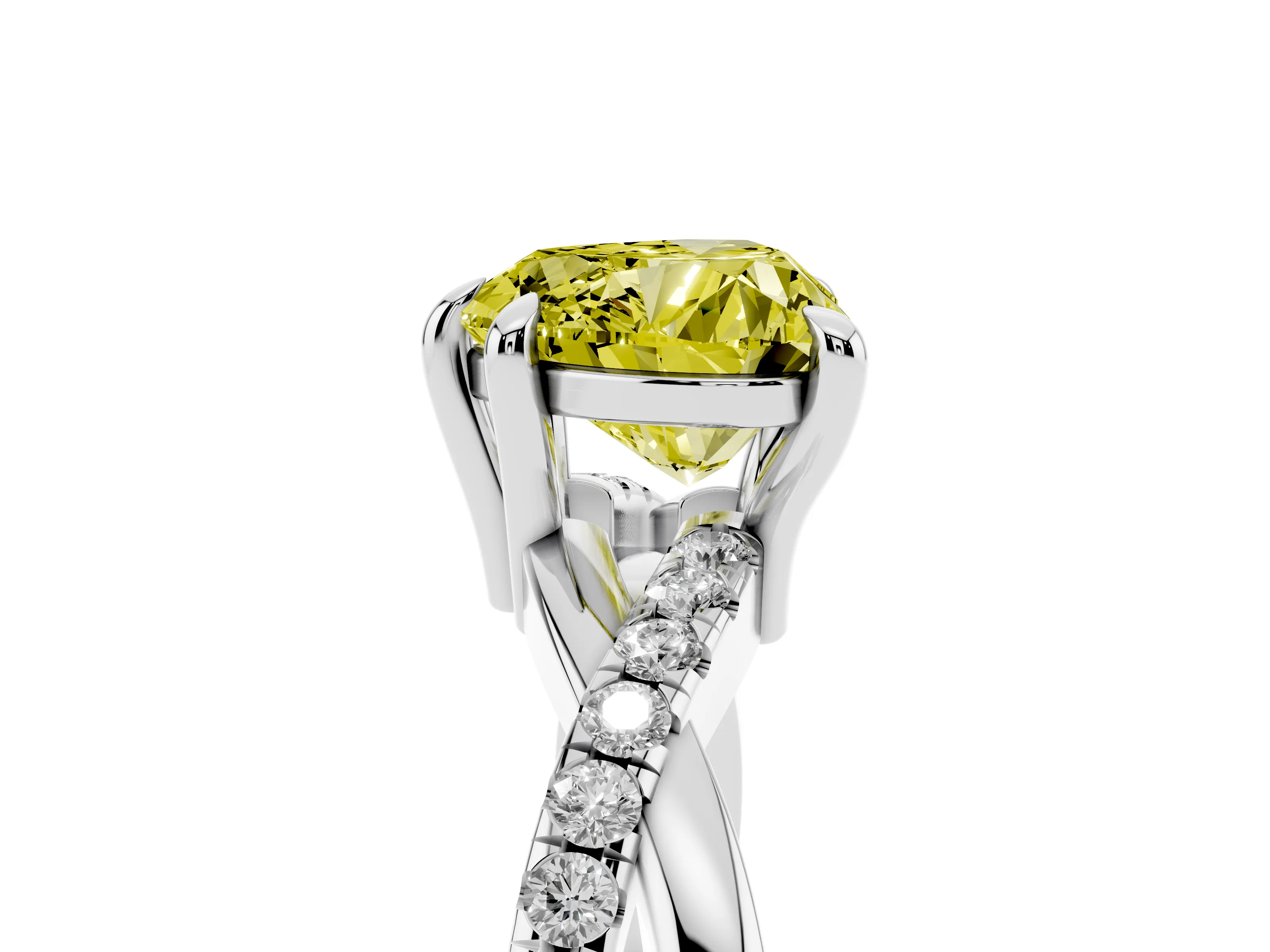 Fancy Yellow Heart Cut Diamond Twist Band Solitaire Set in White gold with Pavé Accents and Prong Setting
