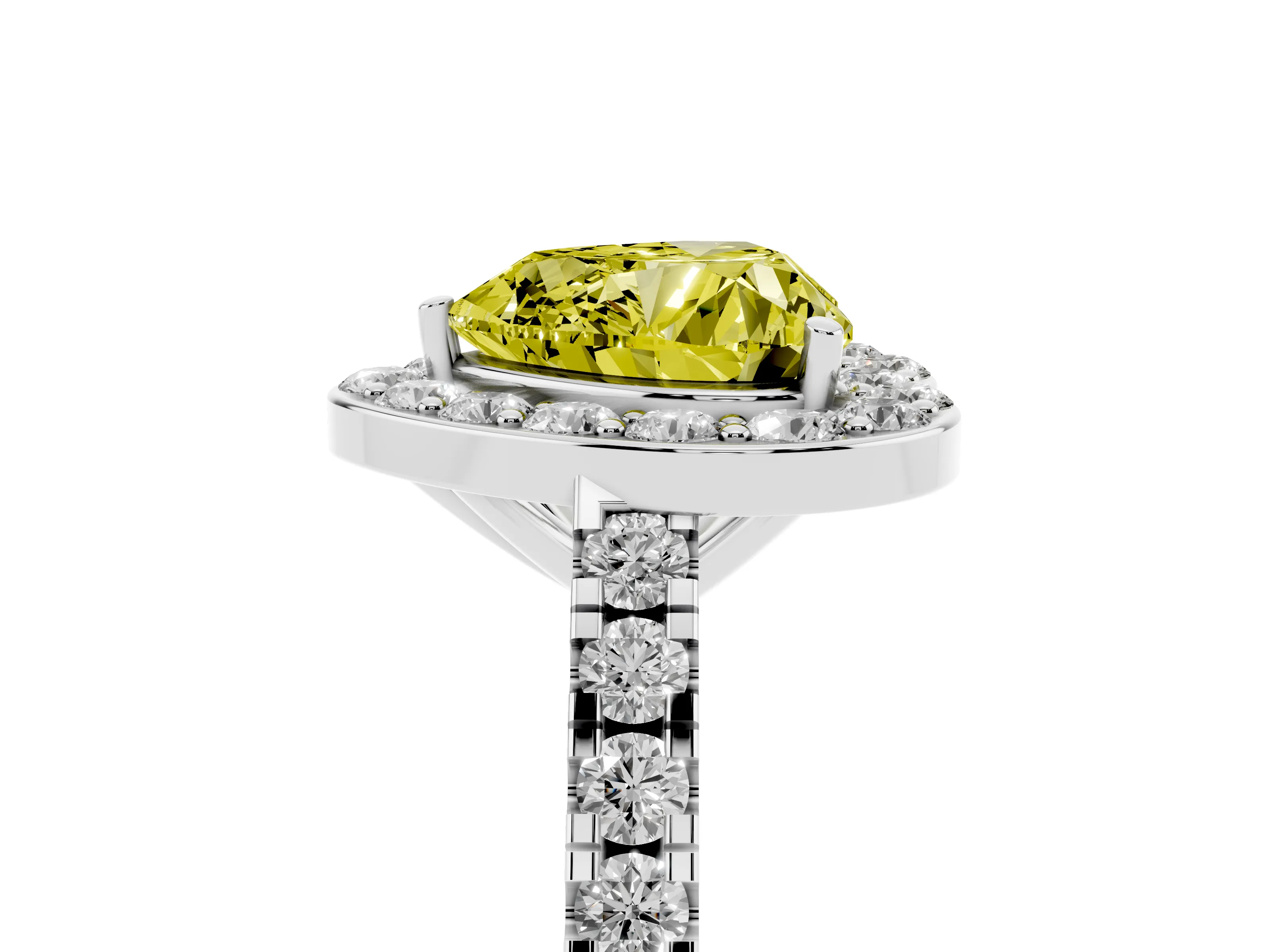 Fancy Yellow Heart Cut Diamond Halo Ring Set in Platinum with Round Pavé Split Shank and Prong Setting