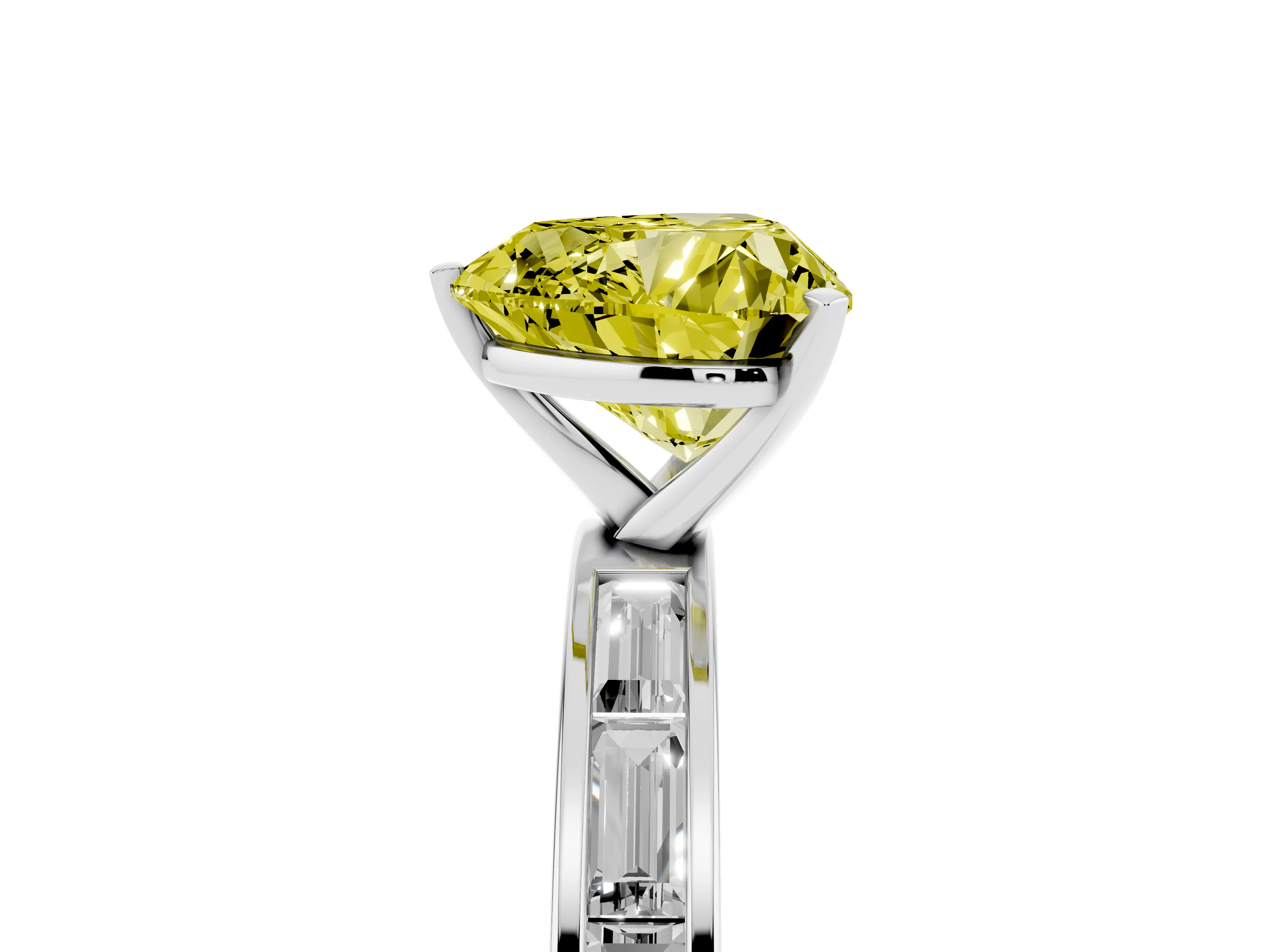Fancy Yellow Heart Cut Diamond Solitaire Ring Set in White gold with Channel-Set Baguette Band and Prong Setting