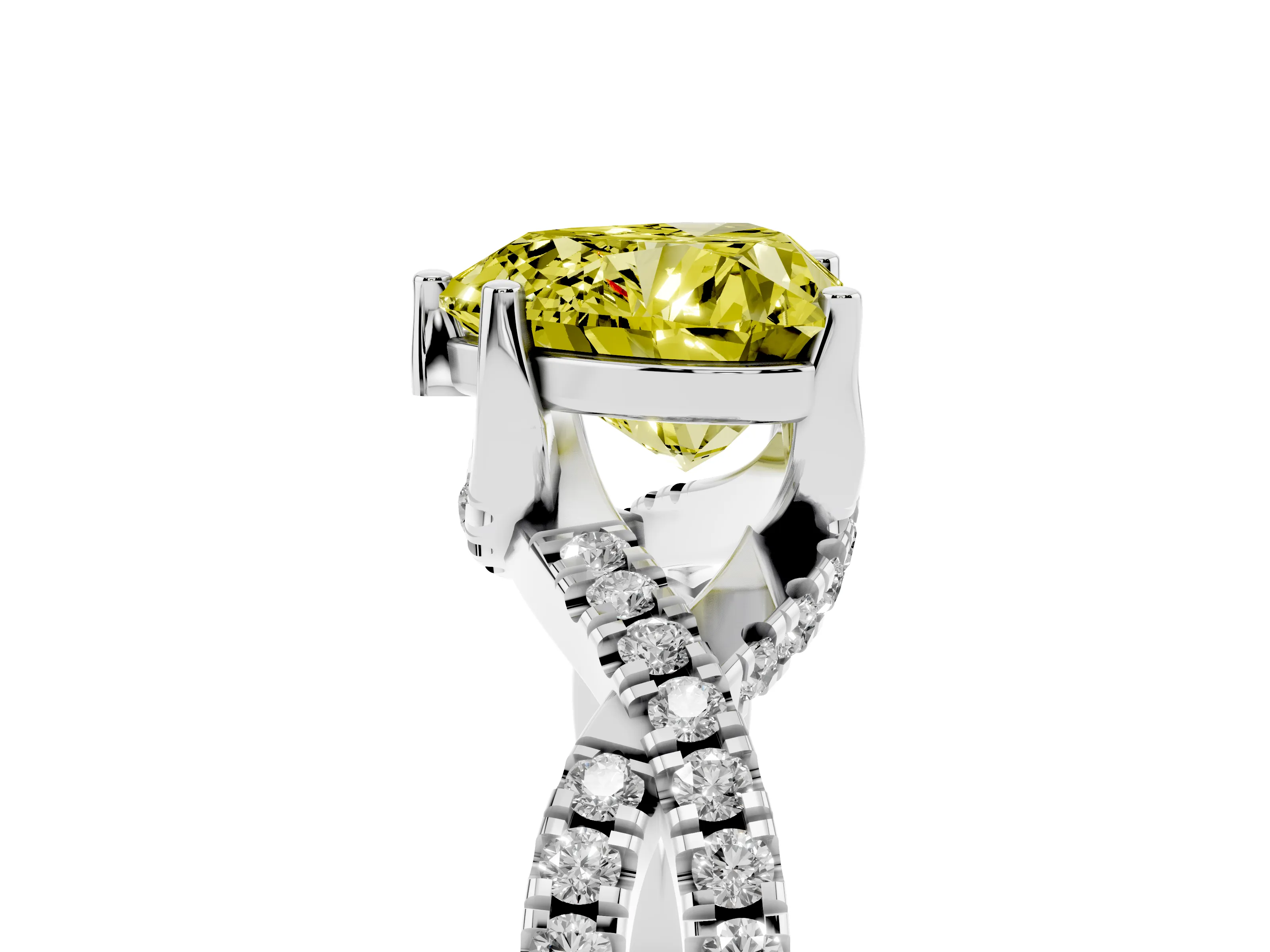 Fancy Yellow Heart Cut Diamond Twist Pavé Solitaire Engagement Ring Set in Platinum with Prong Setting