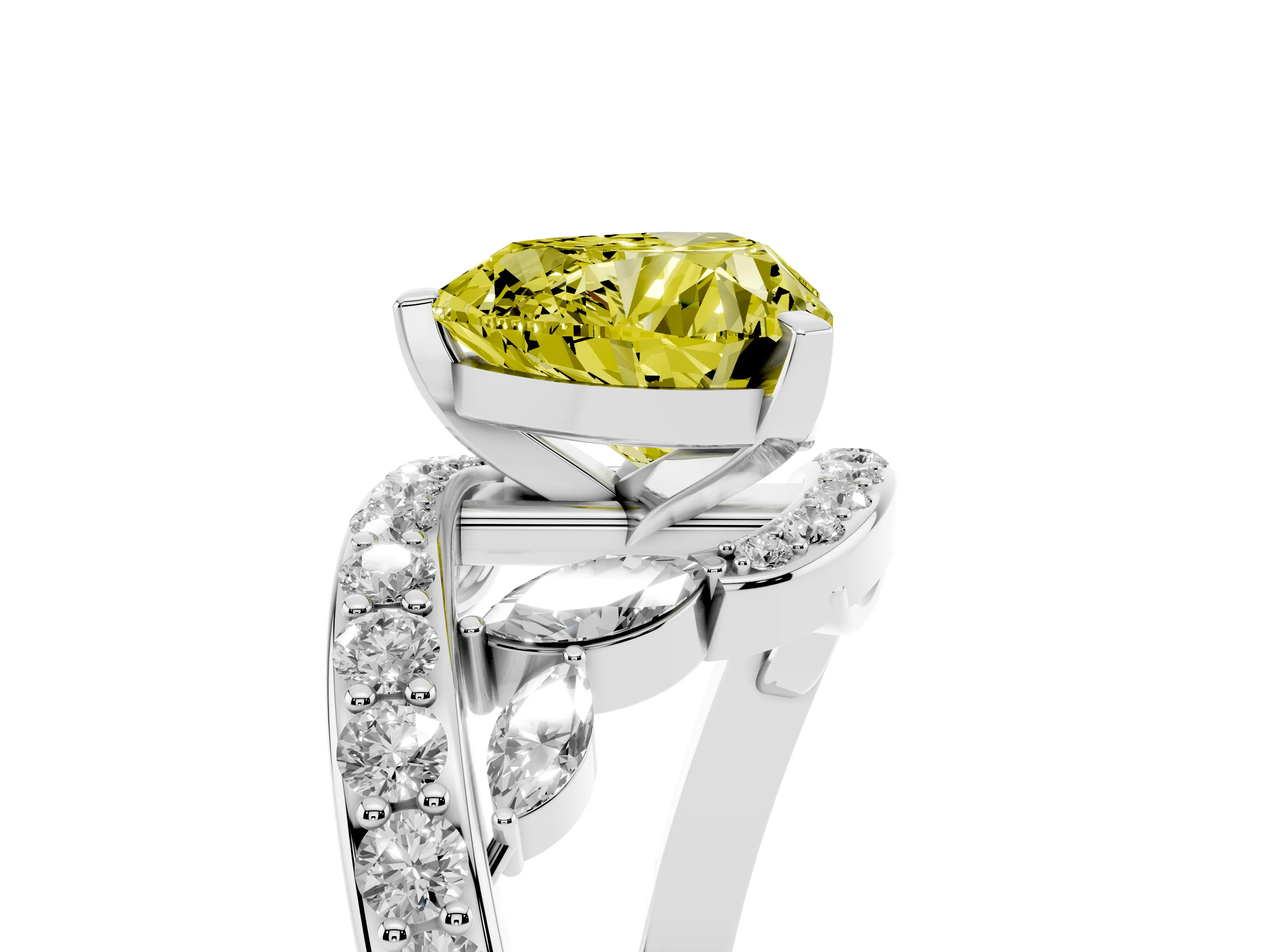 Fancy Yellow Heart Cut Diamond Solitaire Ring Set in Platinum with Pavé Twist Band and Secure Prong Setting