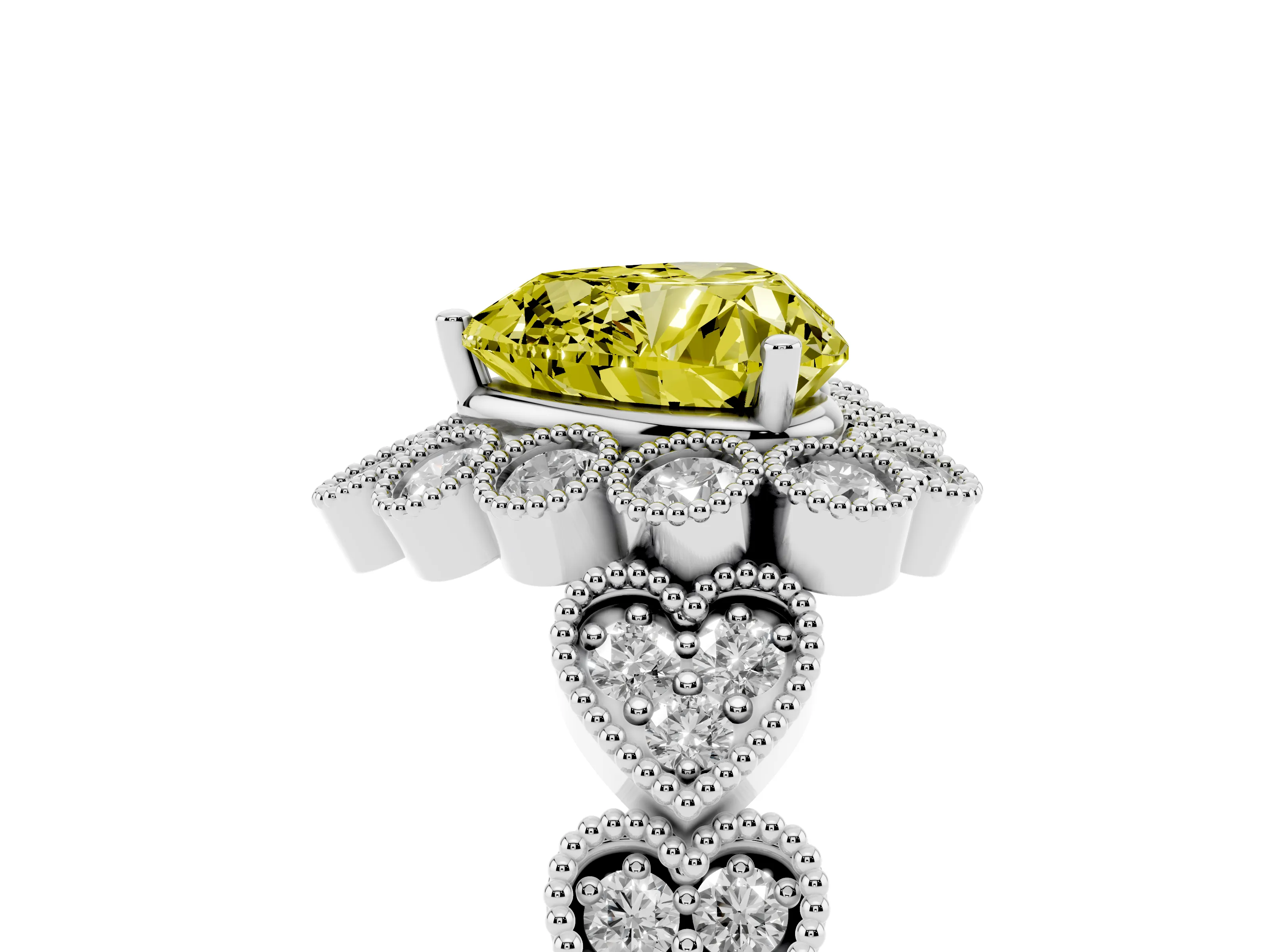 Fancy Yellow Heart Cut Diamond Solitaire Ring Set in White gold with Milgrain Pavé Heart Band