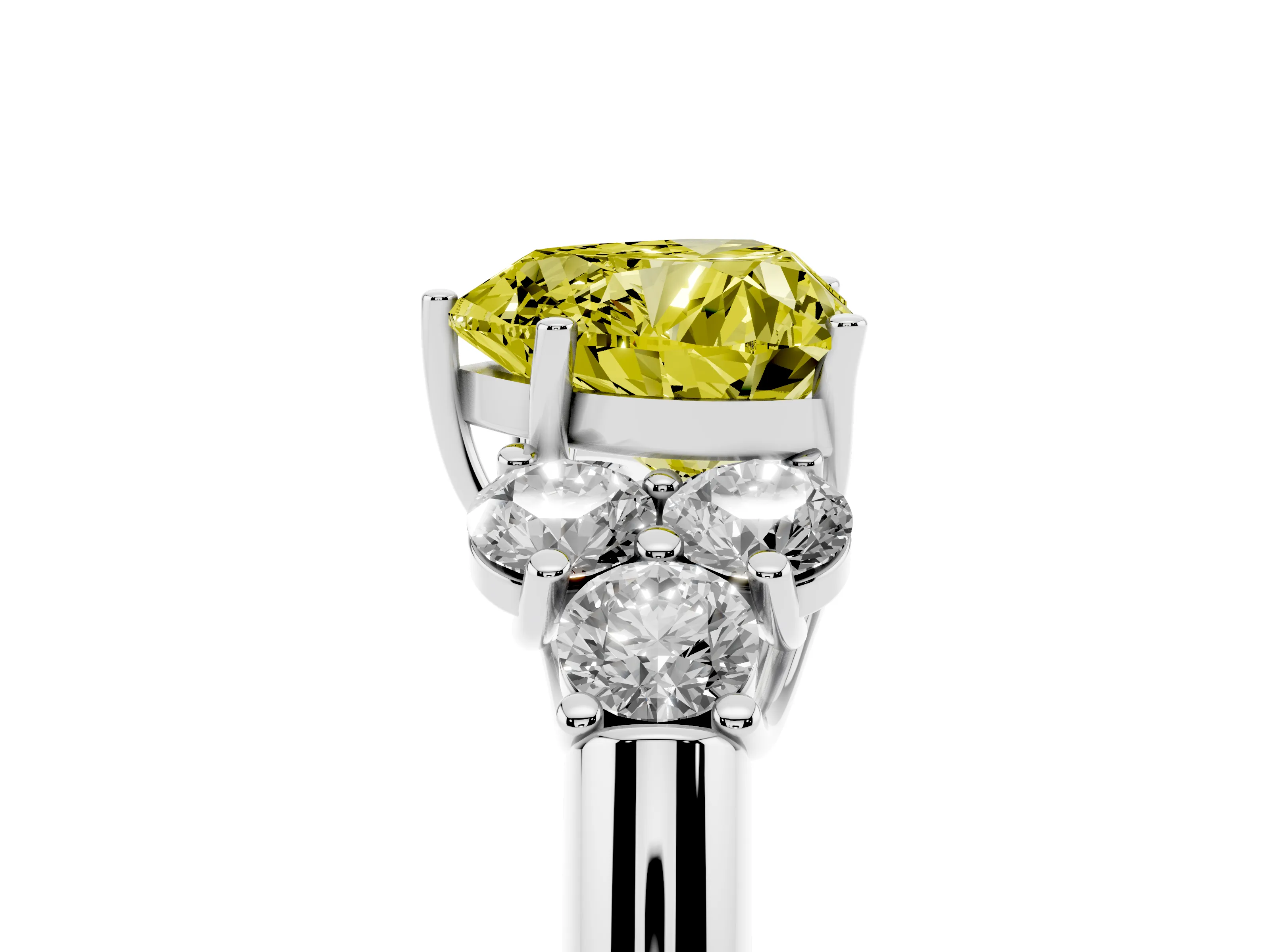 Fancy Yellow Heart Cut Diamond Cluster Ring Set in Silver with Round Accent Stones and Prong Setting on a Plain Band