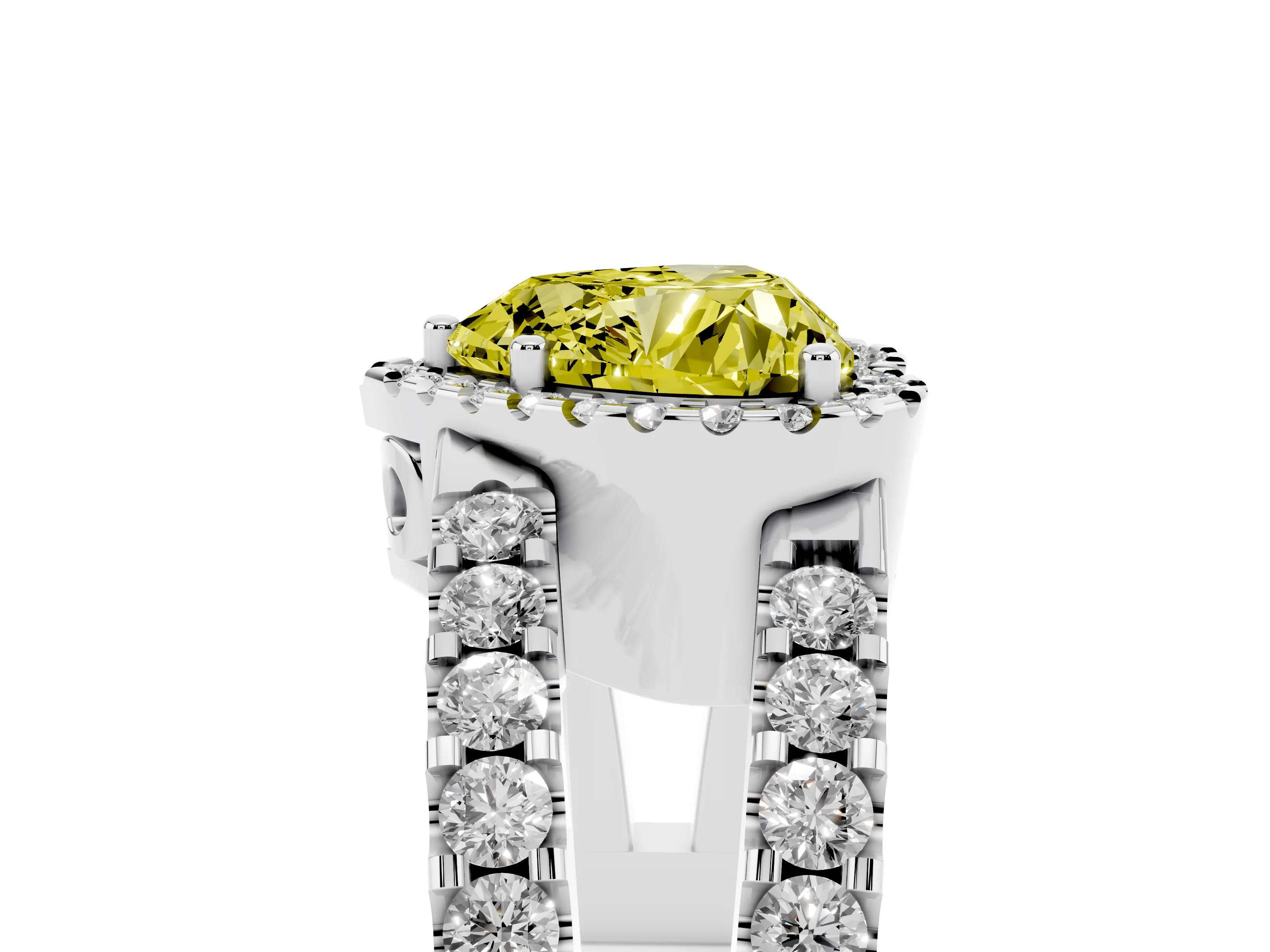 Fancy Yellow Heart Cut Diamond Halo Ring Set in Silver with Pavé Split Shank and Prong Setting