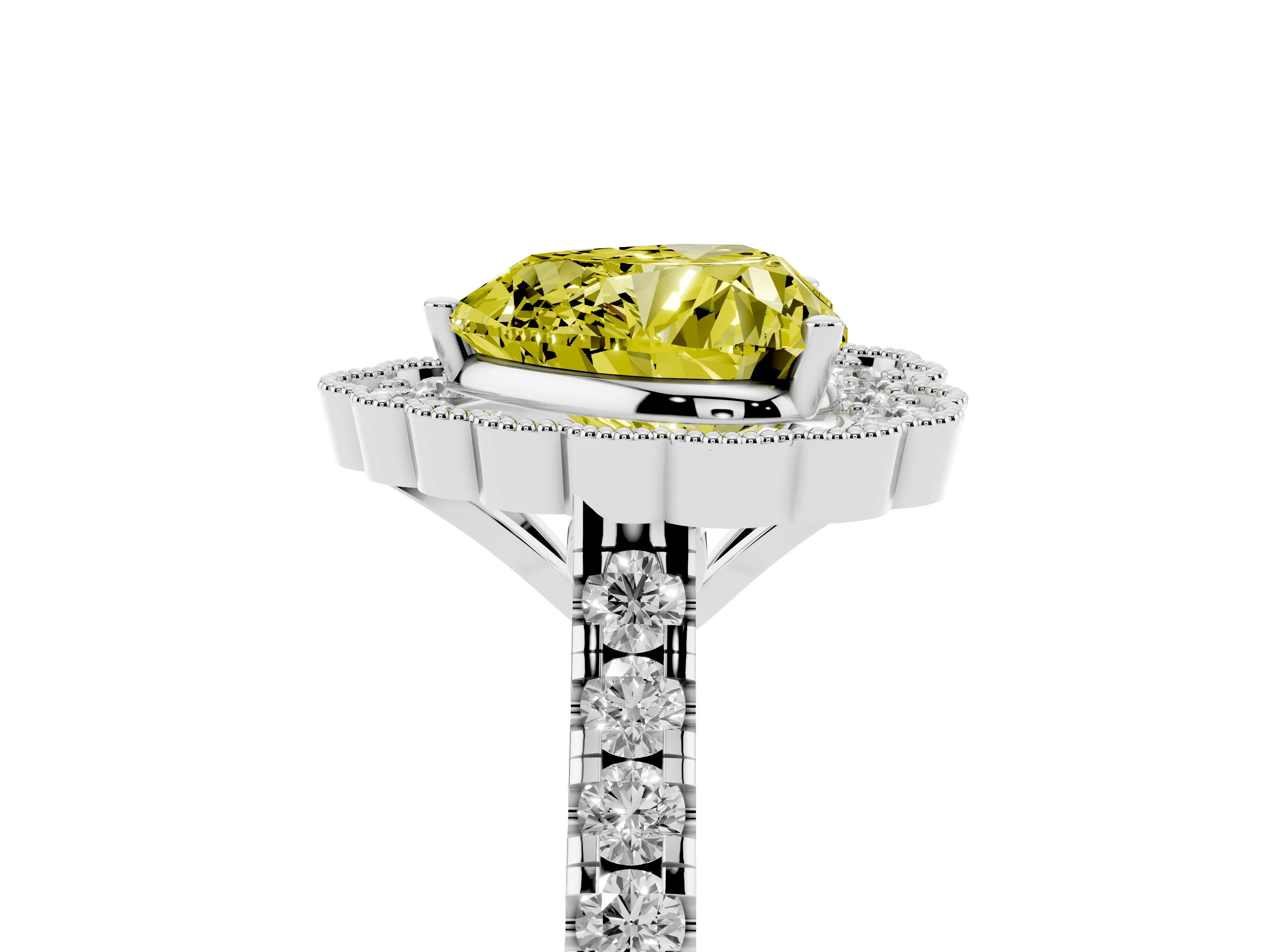 Fancy Yellow Heart Cut Diamond Milgrain Floral Halo Engagement Ring Set in White gold with Pavé Band