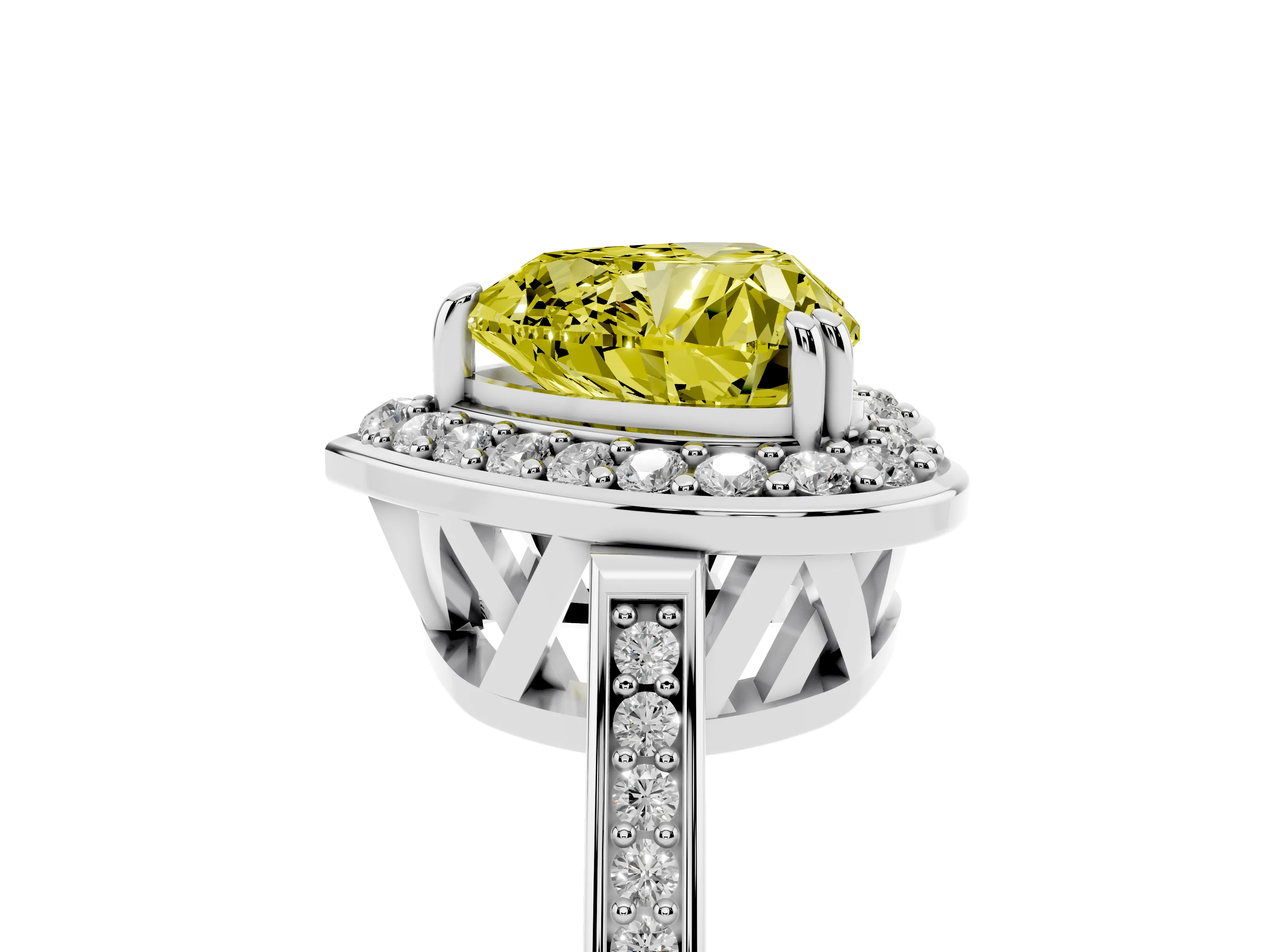 Fancy Yellow Heart Cut Diamond Halo Ring Set in White gold with Accent-Lined Split Shank and Prong Setting