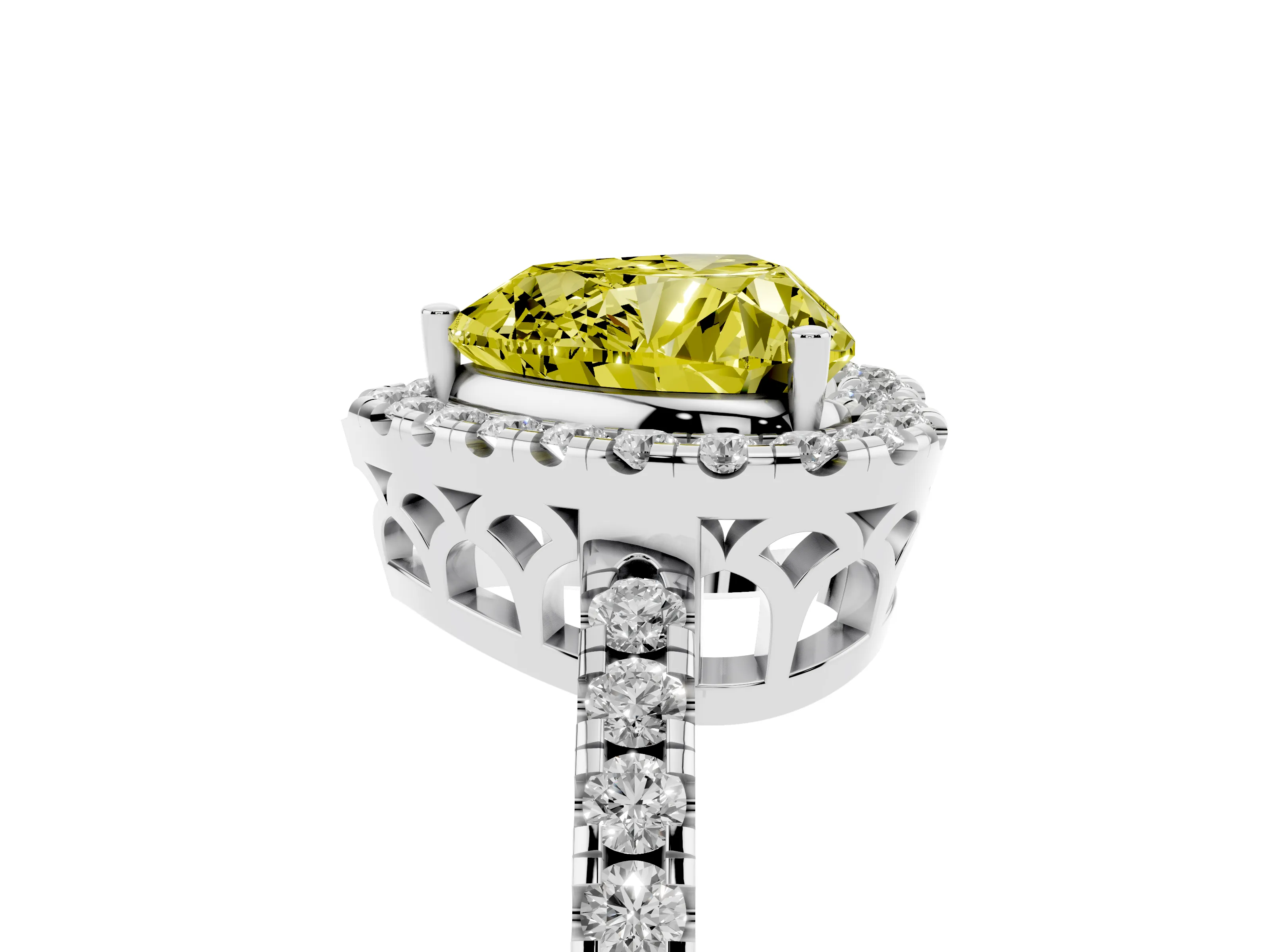Fancy Yellow Heart Cut Diamond Pavé Band Halo Engagement Ring Set in White gold with Prong Setting