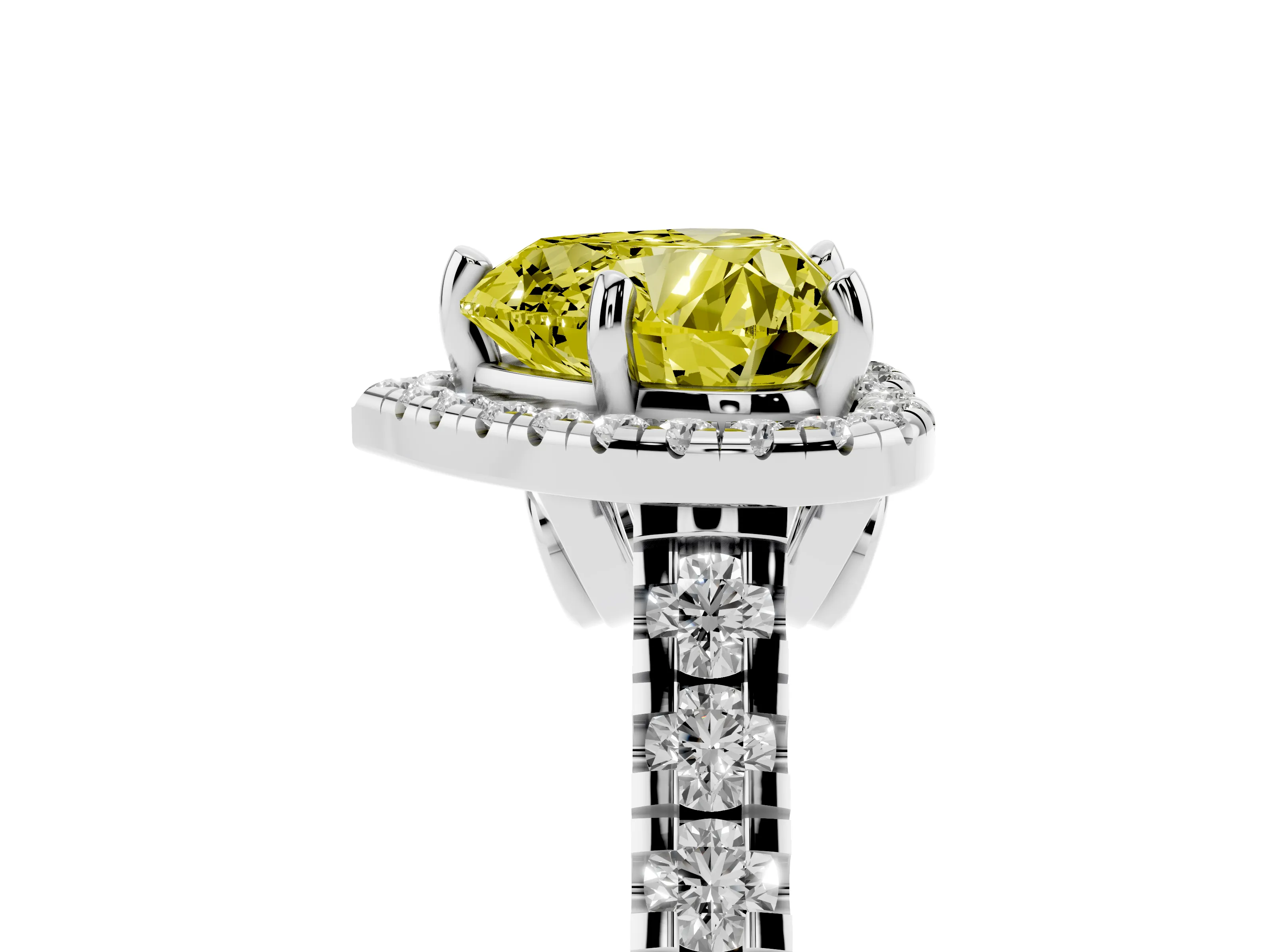 Fancy Yellow Heart Cut Diamond Halo Engagement Ring Set in Platinum with Pavé Band and Prong-Set Center