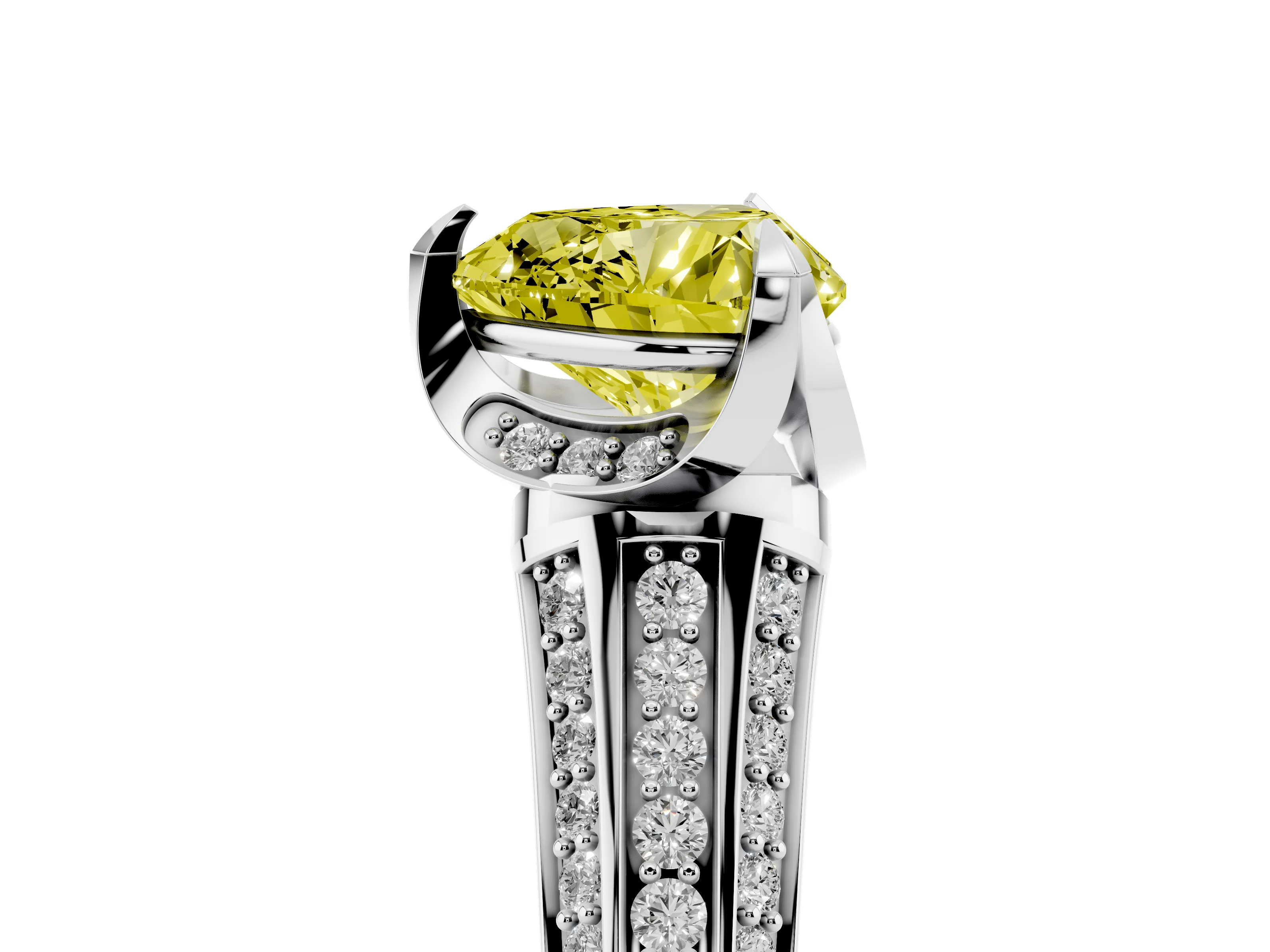 Fancy Yellow Heart Cut Diamond Pavé Split Shank Solitaire Ring Set in Silver with Prong Setting