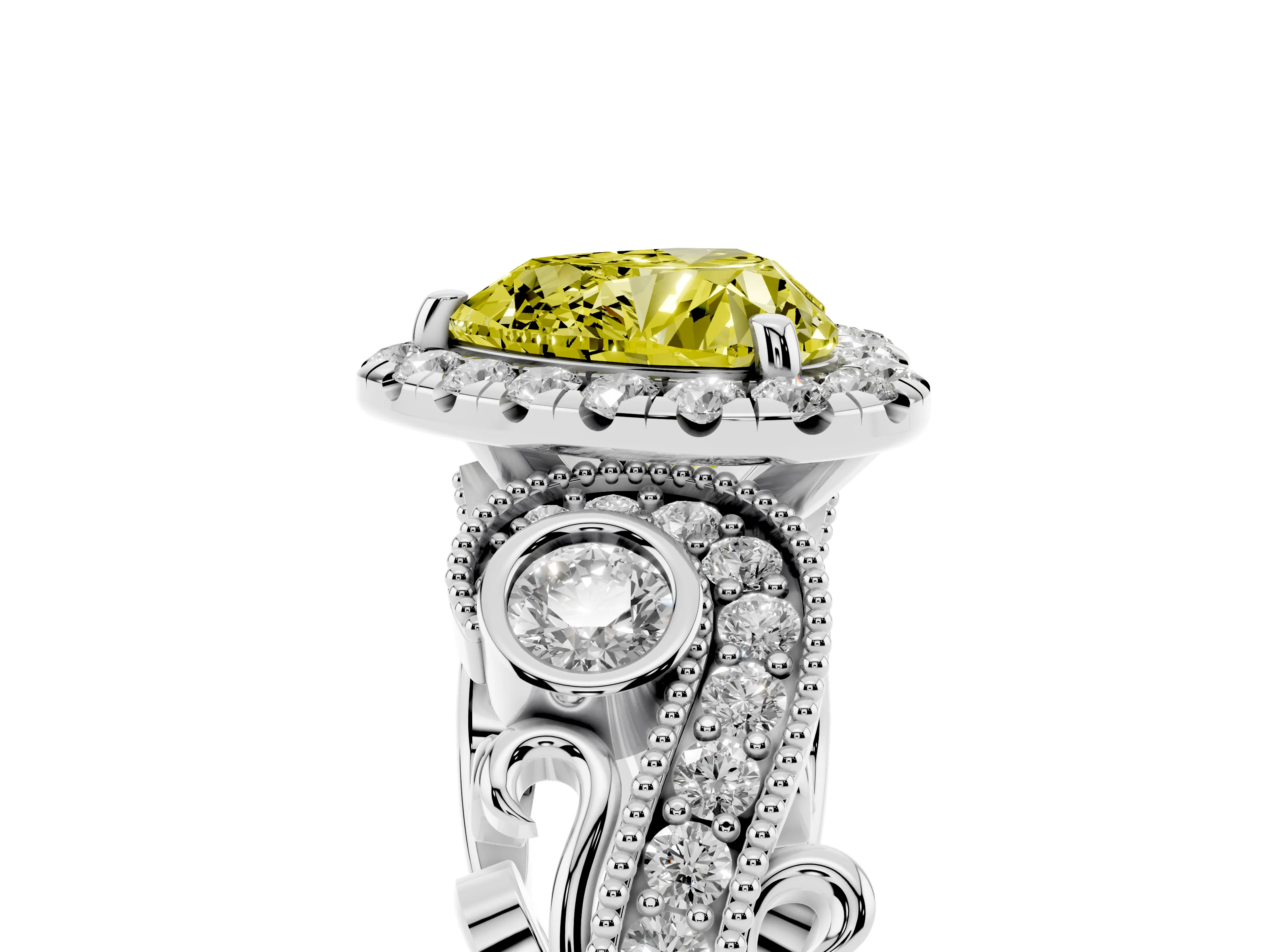 Fancy Yellow Heart Cut Diamond Halo Ring Set in Silver with Milgrain Pavé Band and Prong Setting