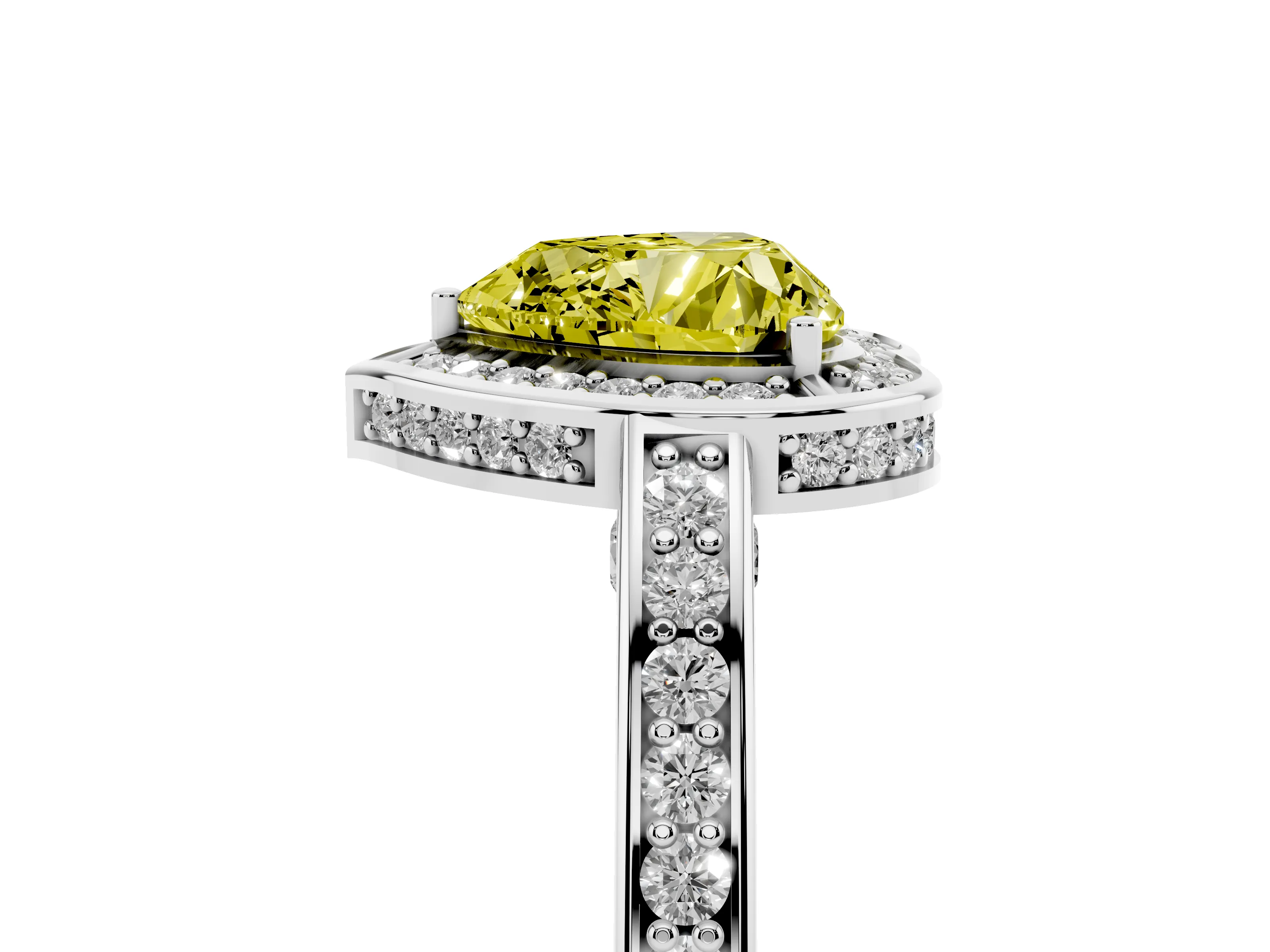 Fancy Yellow Heart Cut Diamond Halo Pavé Split Shank Ring Set in Platinum with Prong Setting