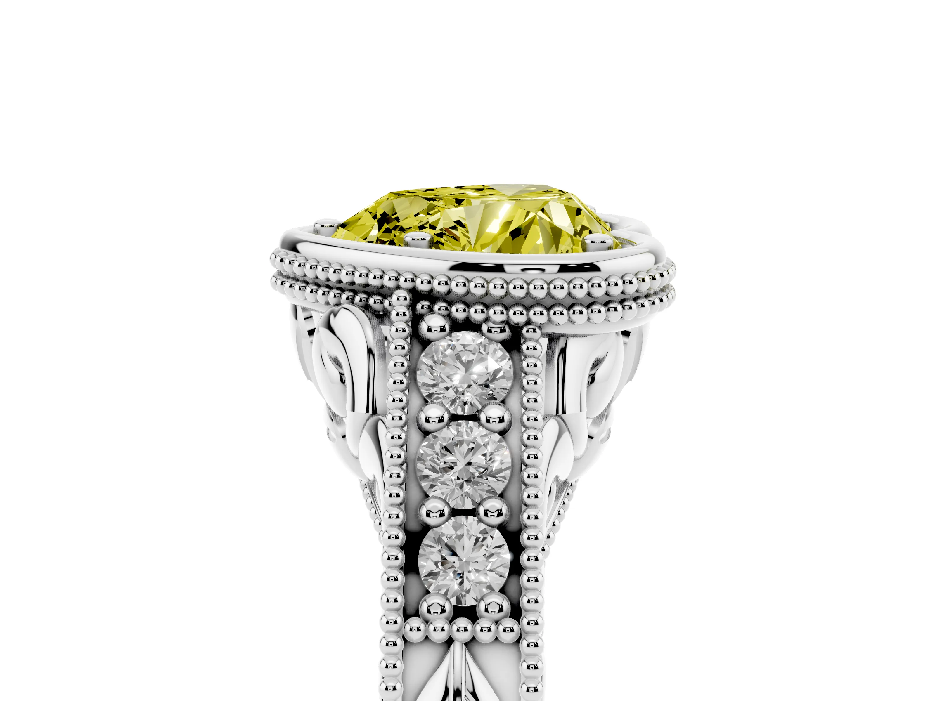 Fancy Yellow Bezel Set Heart Cut Diamond Milgrain Pavé Engagement Ring Set in Silver