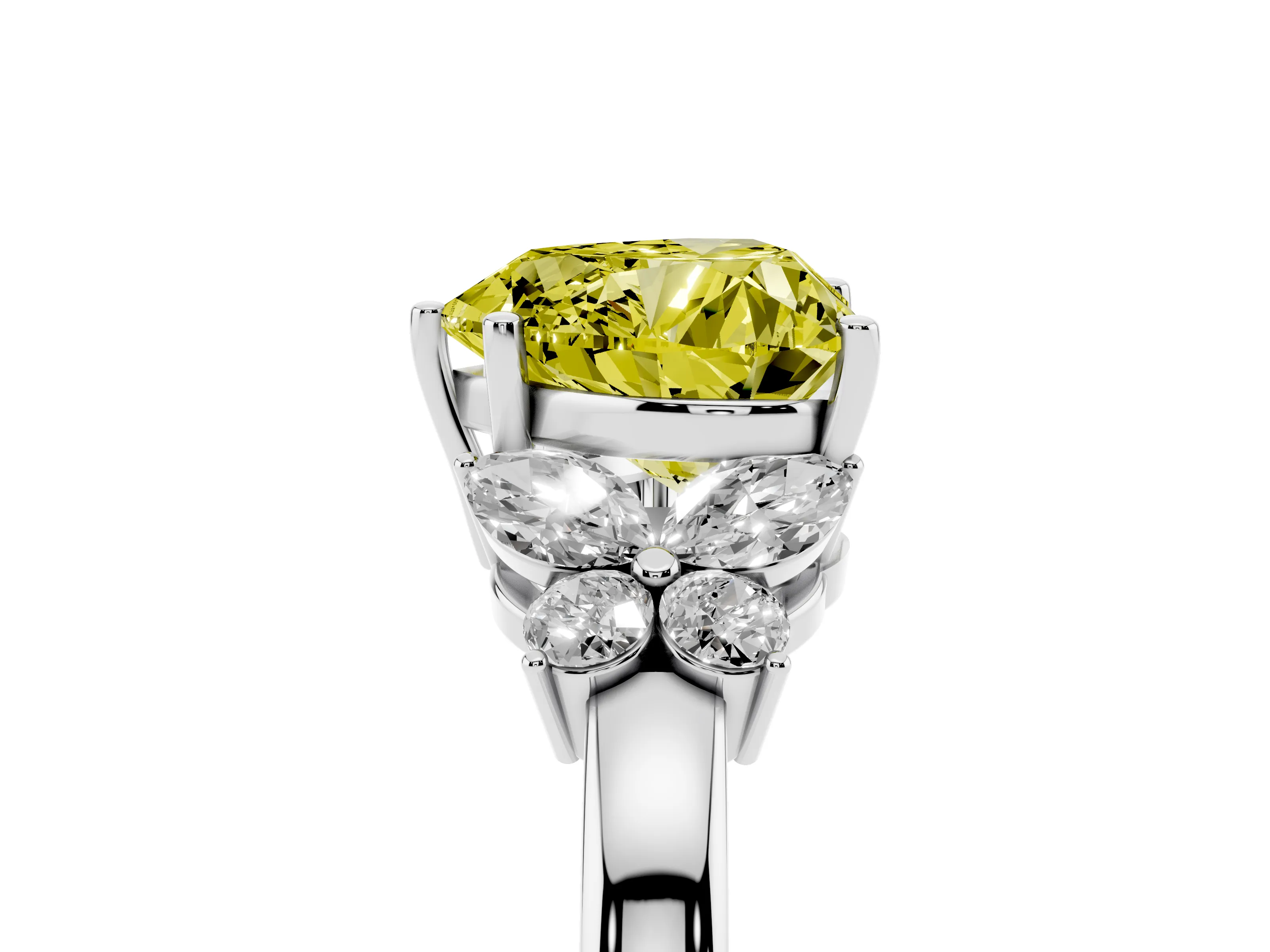 Fancy Yellow Heart Cut Diamond Solitaire Floral Ring Set in Platinum with Marquise Petals and Prong Setting