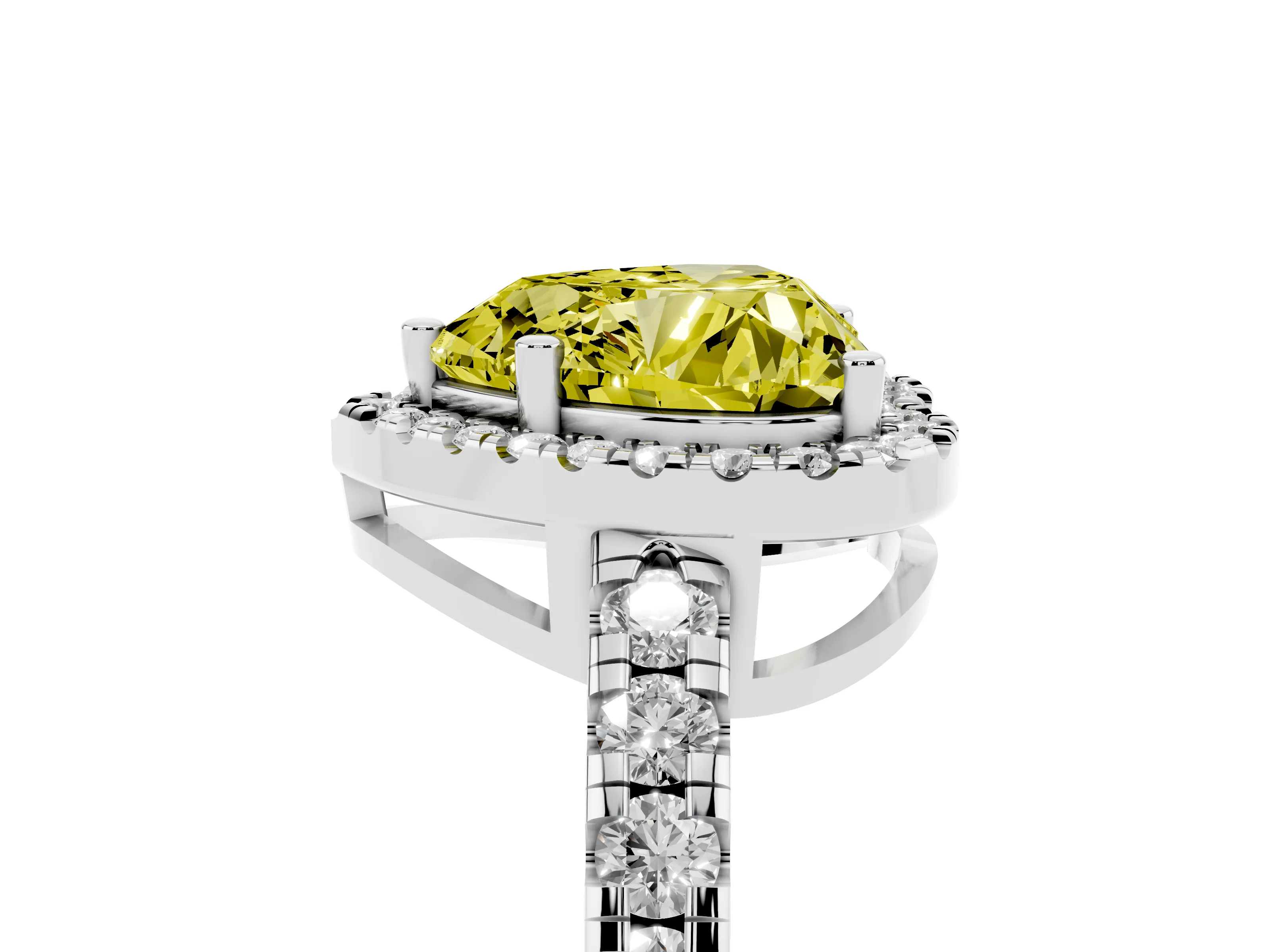 Fancy Yellow Heart Cut Diamond Halo Ring Set in Platinum with Delicate Pavé Band and Prong Setting