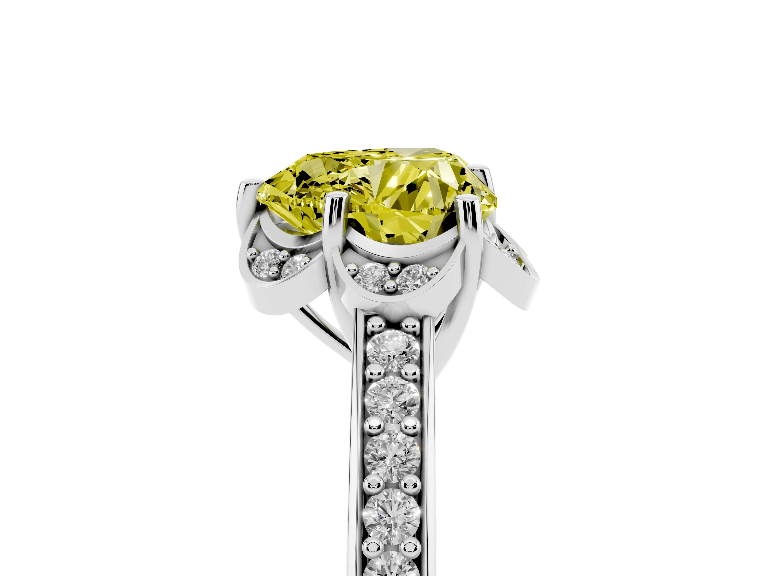 Fancy Yellow Heart Cut Diamond Halo Ring Set in Platinum with Channel Set Band and Prong Setting