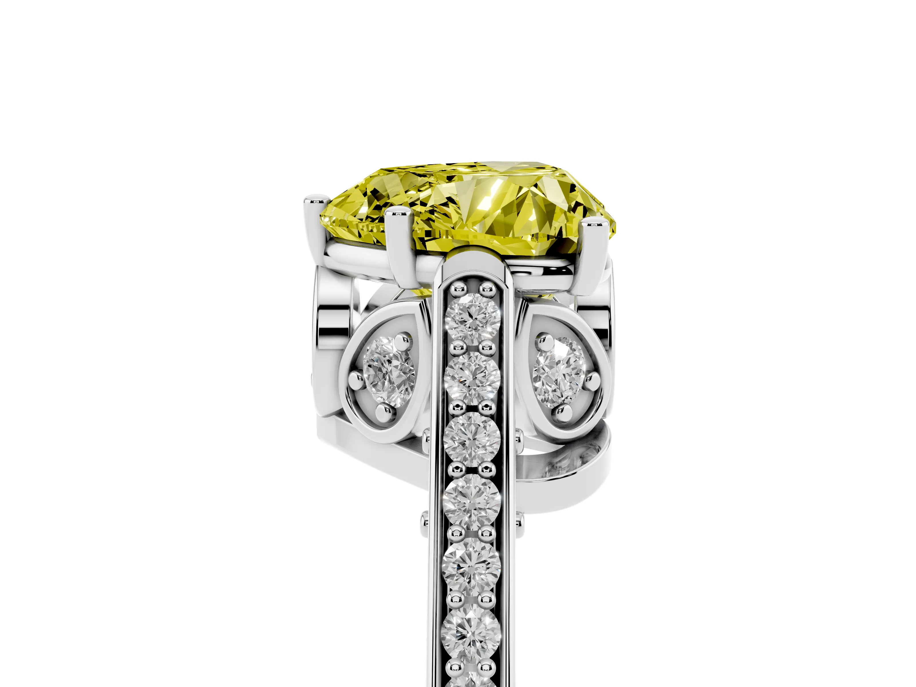 Fancy Yellow Heart Cut Diamond Cathedral Pavé Engagement Ring Set in Platinum with Prong Setting