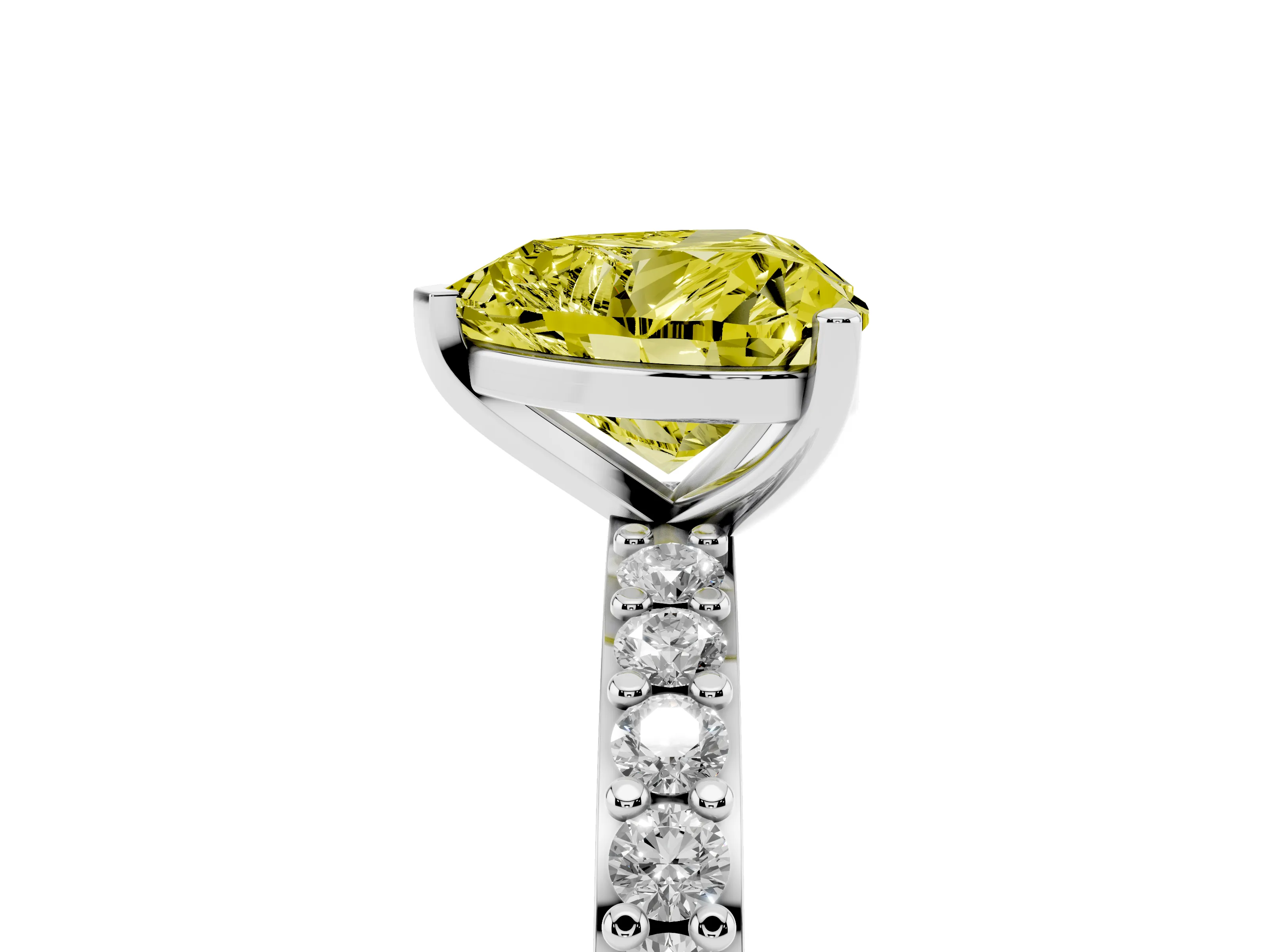 Fancy Yellow Heart Cut Diamond Solitaire Set in White gold with Round Pavé Band and Prong Setting