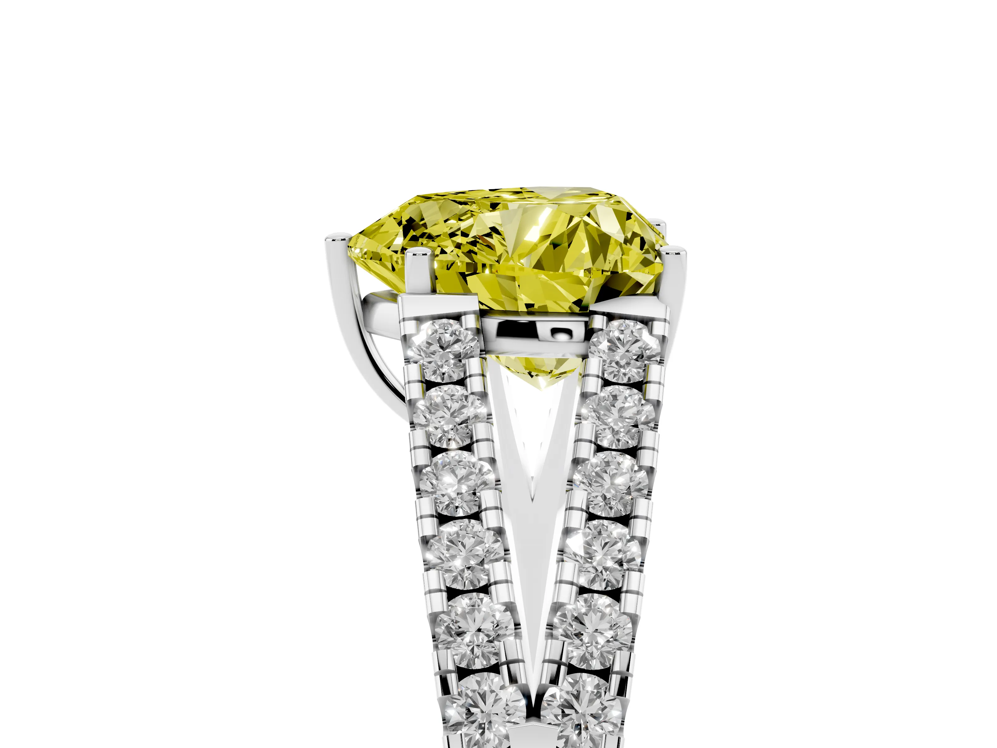 Fancy Yellow Heart Cut Diamond Split Shank Pavé Engagement Ring Set in Platinum with Prong-Held Center Stone