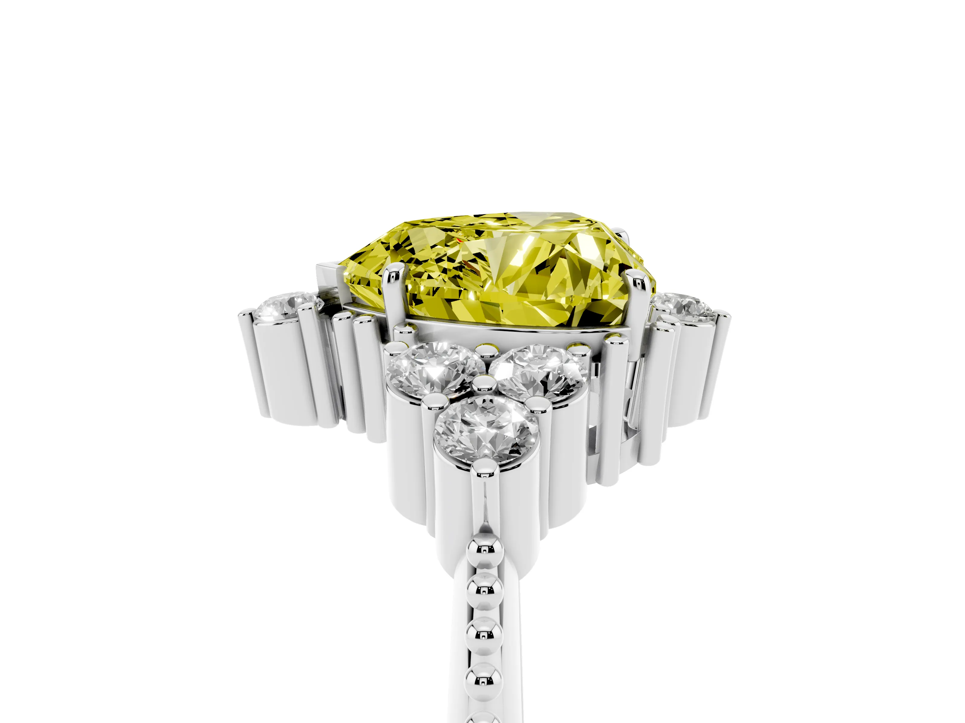 Fancy Yellow Heart Cut Diamond Cluster Ring Set in White gold with Beaded Band
