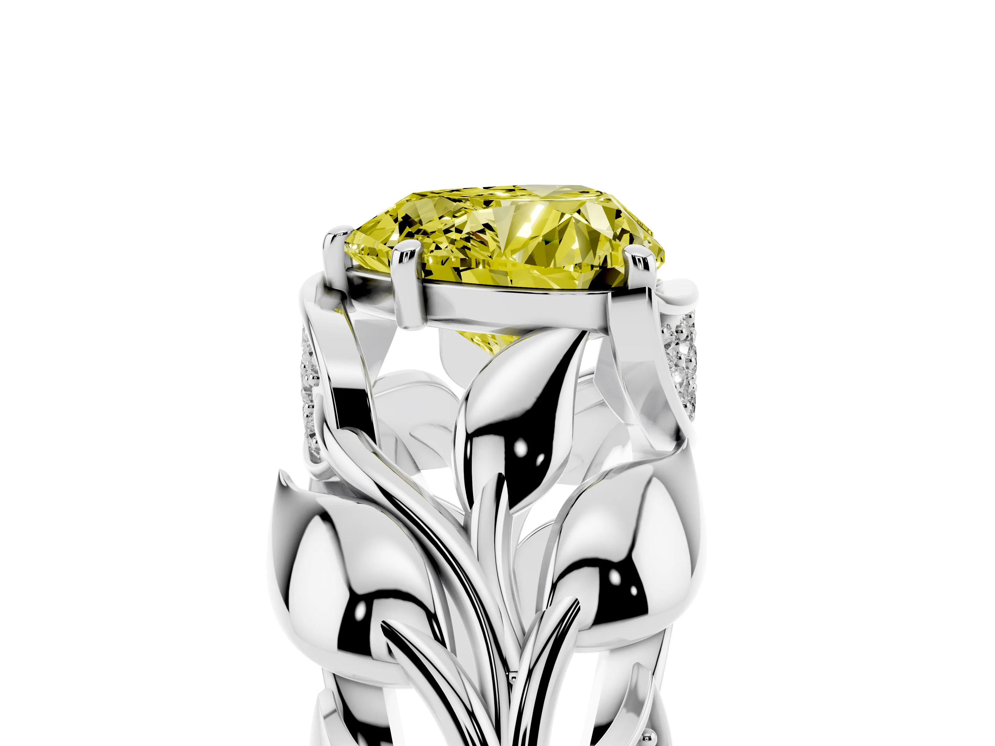 Fancy Yellow Heart Cut Diamond Leaf-Inspired Engagement Ring Set in Platinum with Round Accents