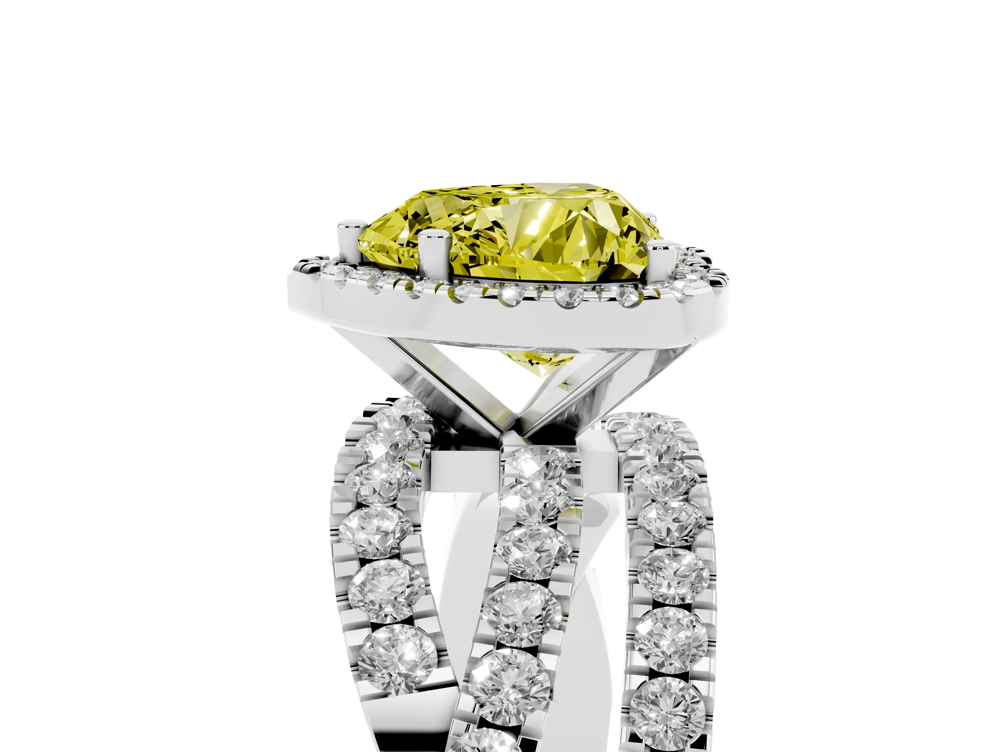 Fancy Yellow Heart Cut Diamond Halo Ring Set in White gold with Round Crossover Split Shank and Prong Setting