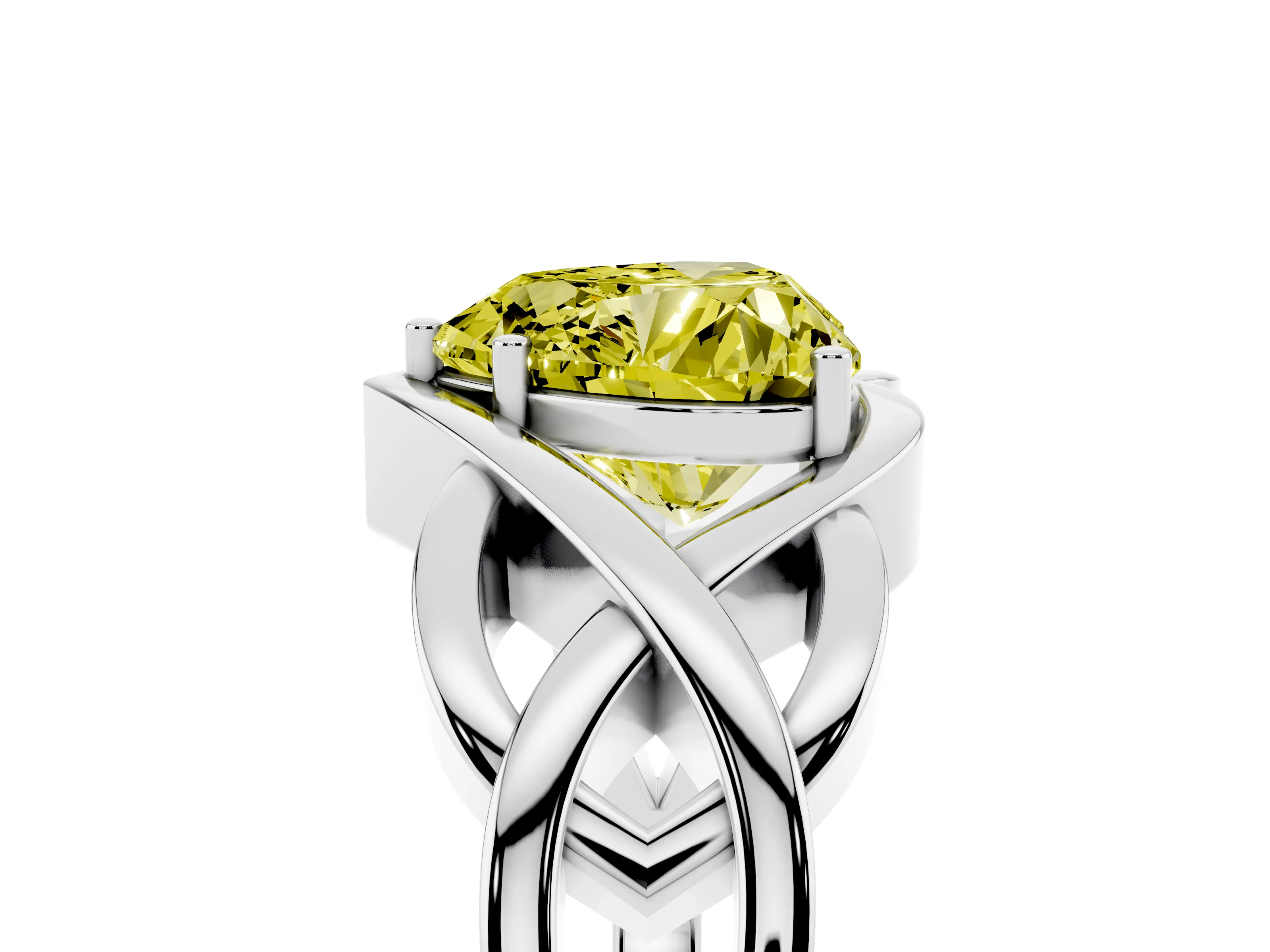 Fancy Yellow Heart Cut Diamond Solitaire Ring Set in White gold with Intertwined Band