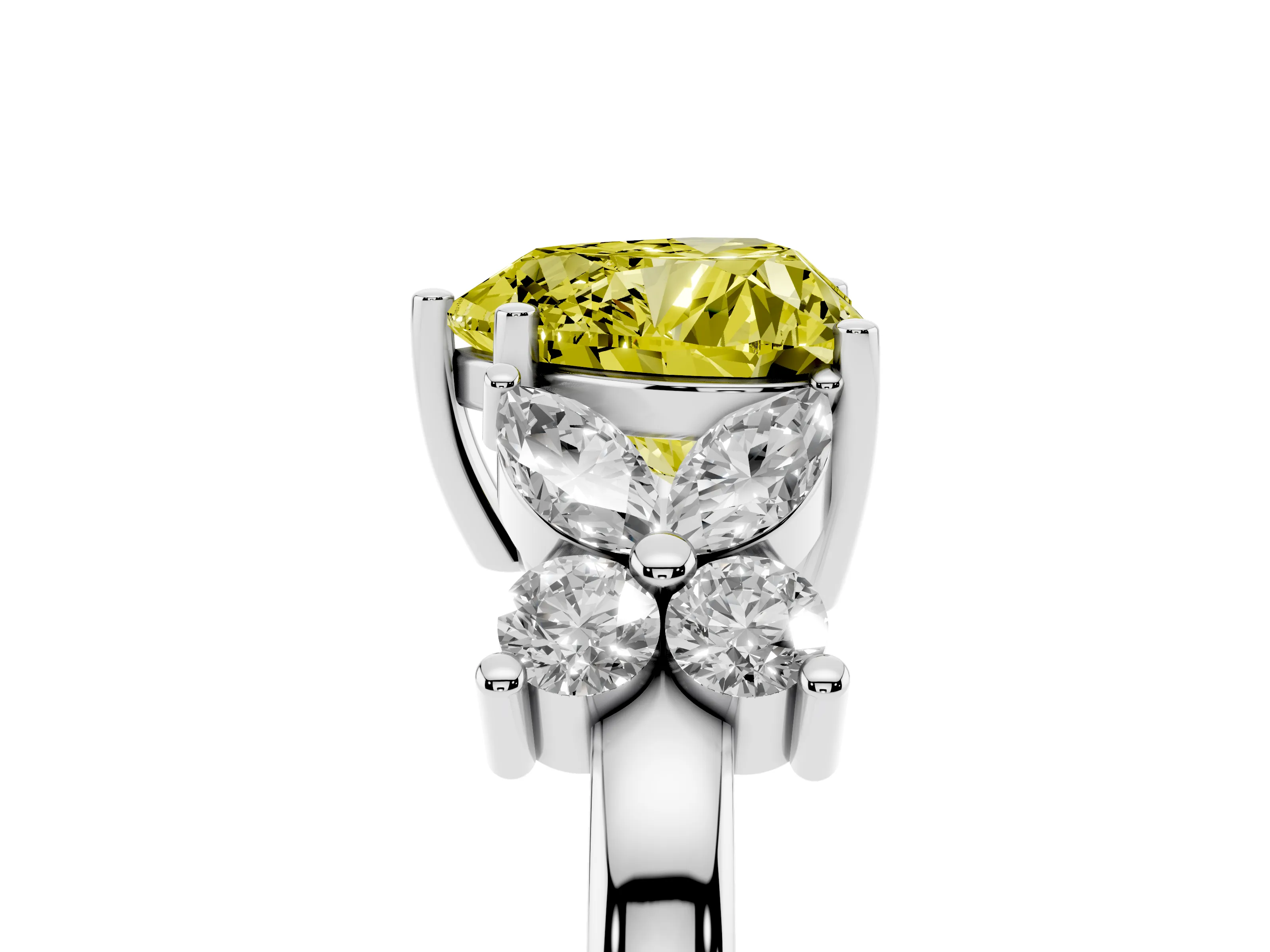 Fancy Yellow Heart Cut Diamond Floral Cluster Ring Set in Platinum with Marquise Petals and Prong Setting