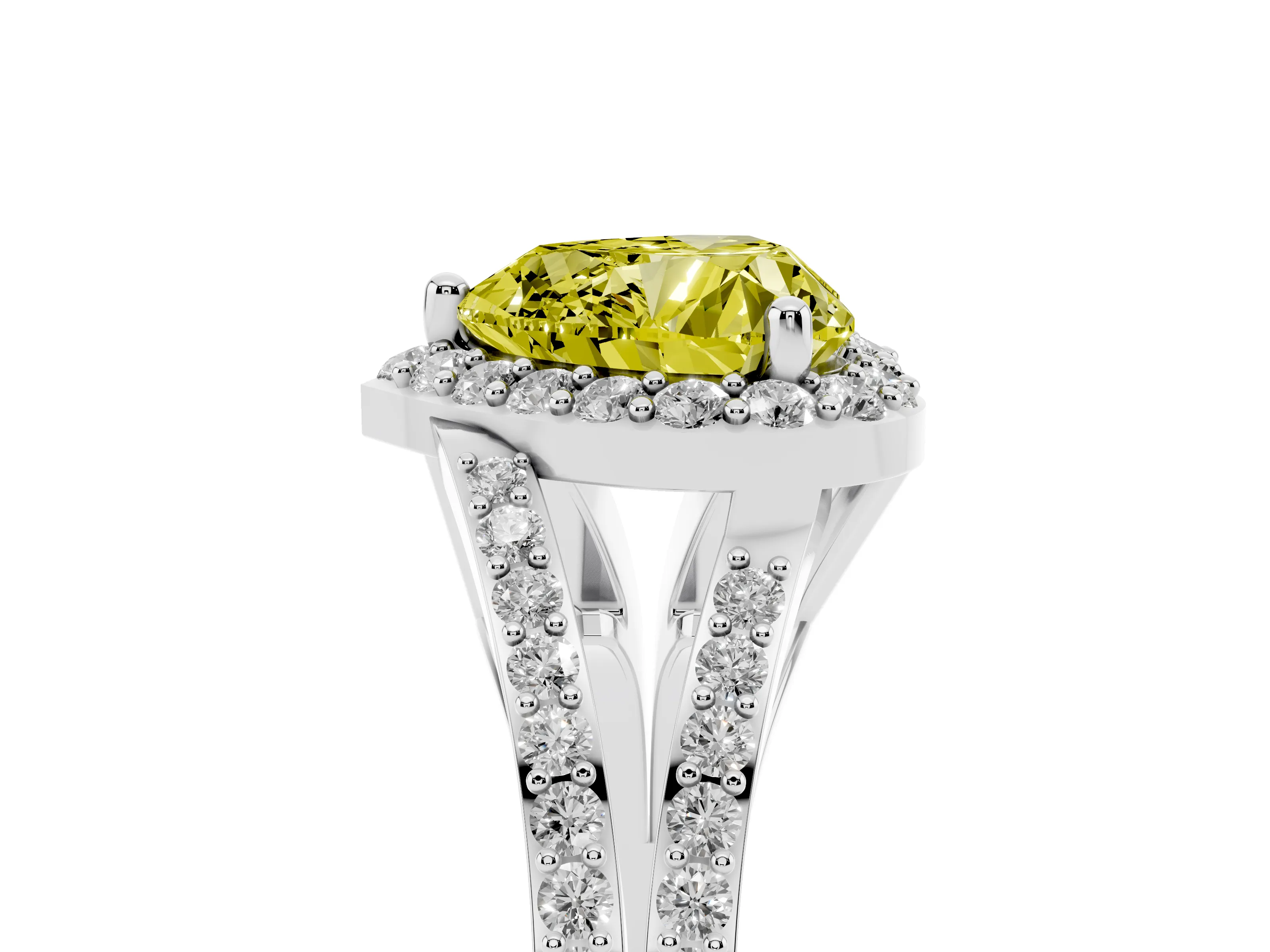Fancy Yellow Heart Cut Diamond Halo Split Shank Pavé Ring Set in Silver with Prong Setting