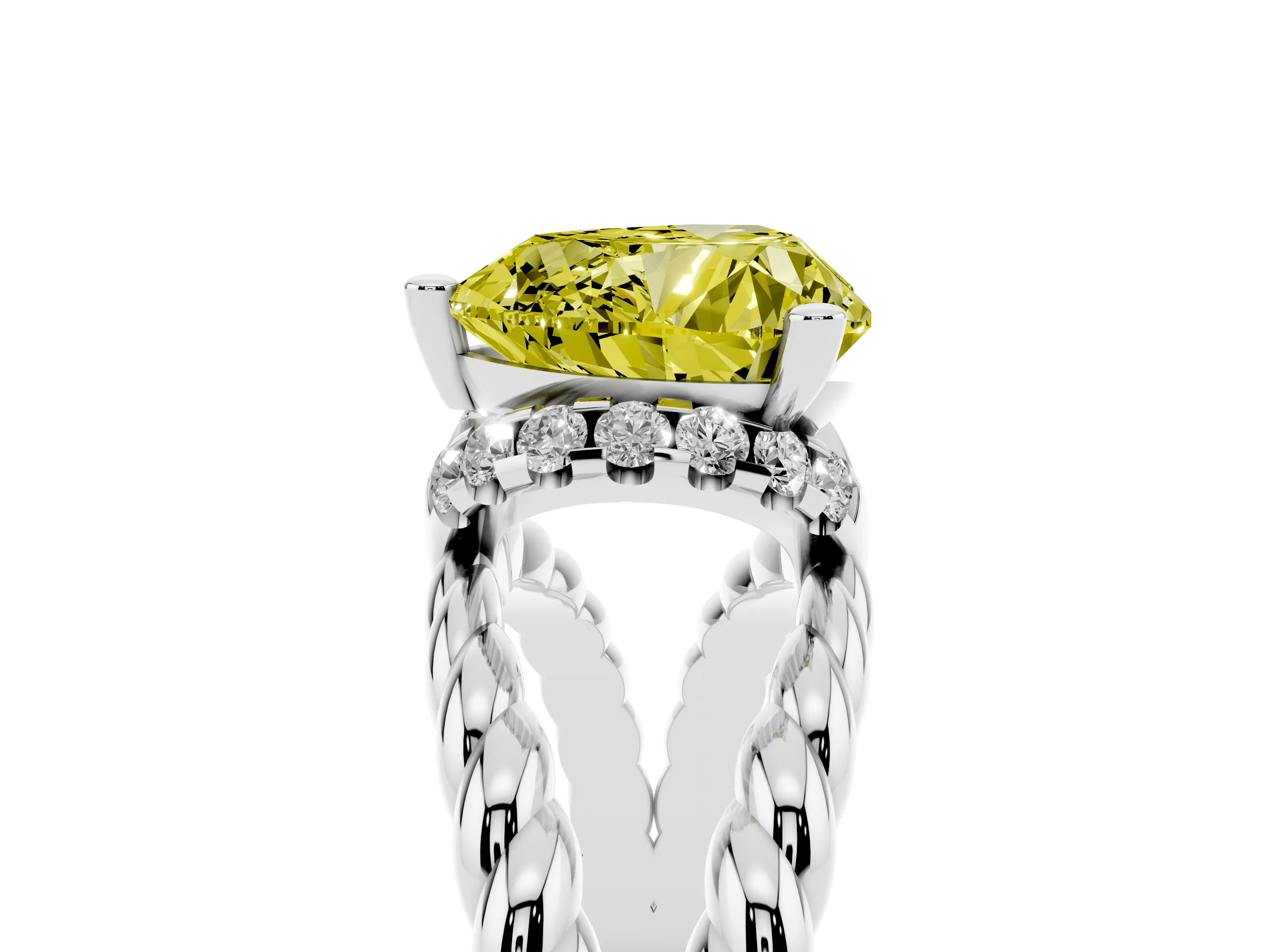 Fancy Yellow Heart Cut Diamond Halo Ring Set in White gold with Twisted Band and Prong Setting