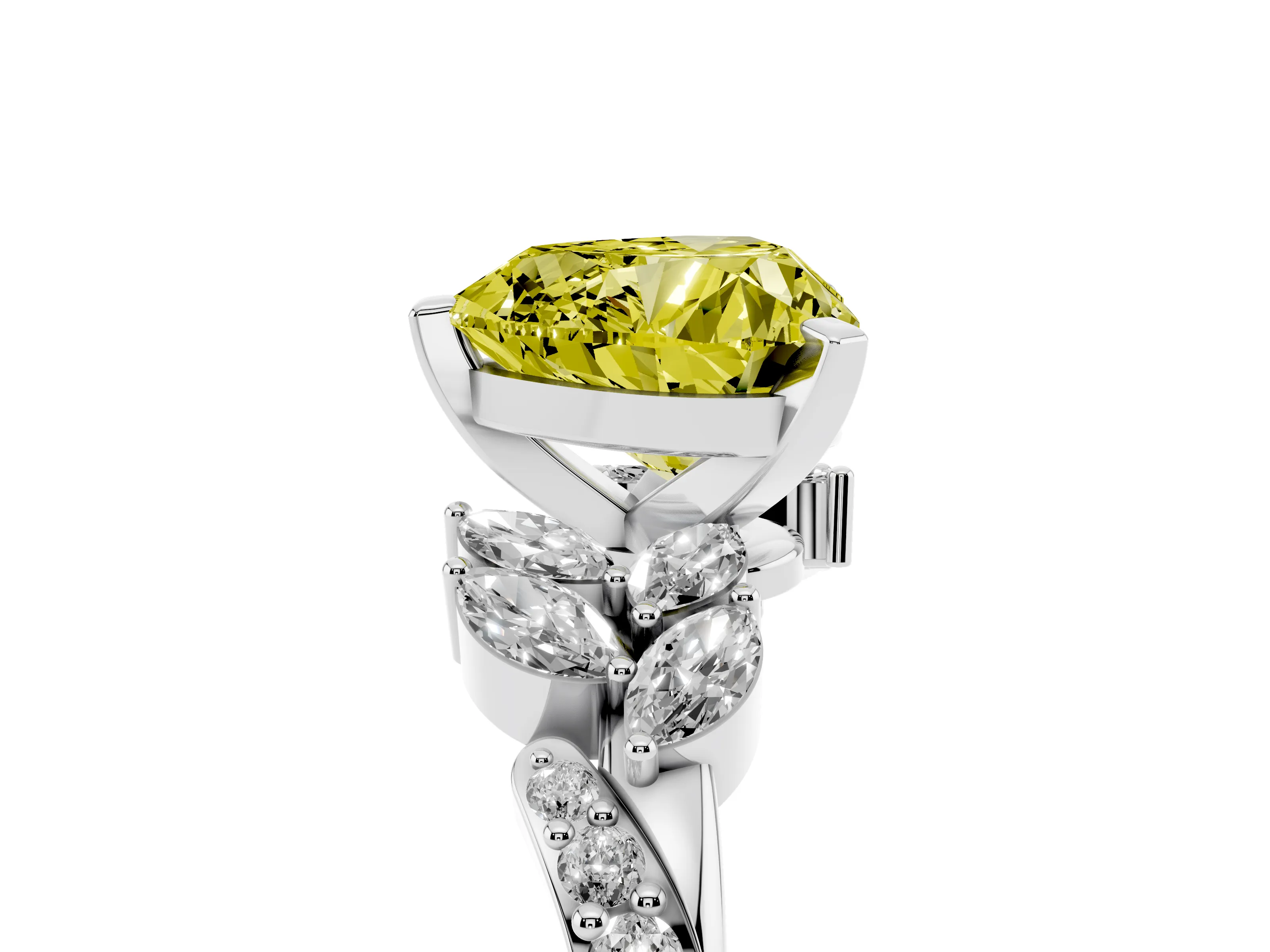 Fancy Yellow Heart Cut Diamond Solitaire Ring Set in Silver with Marquise Twist Band and Prong Setting
