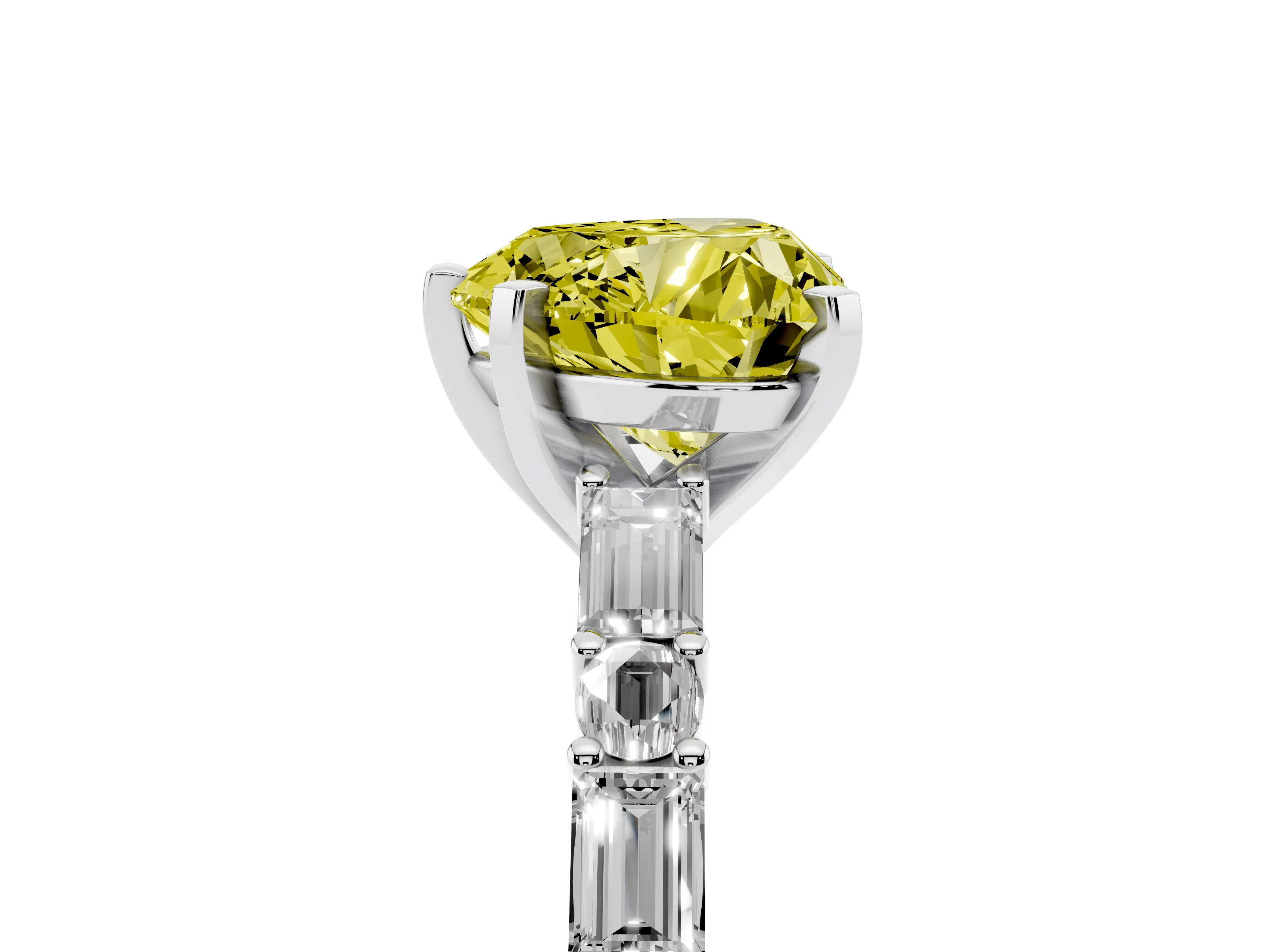Fancy Yellow Heart Cut Diamond Solitaire Set in Silver with Side Baguettes and Channel Set Band