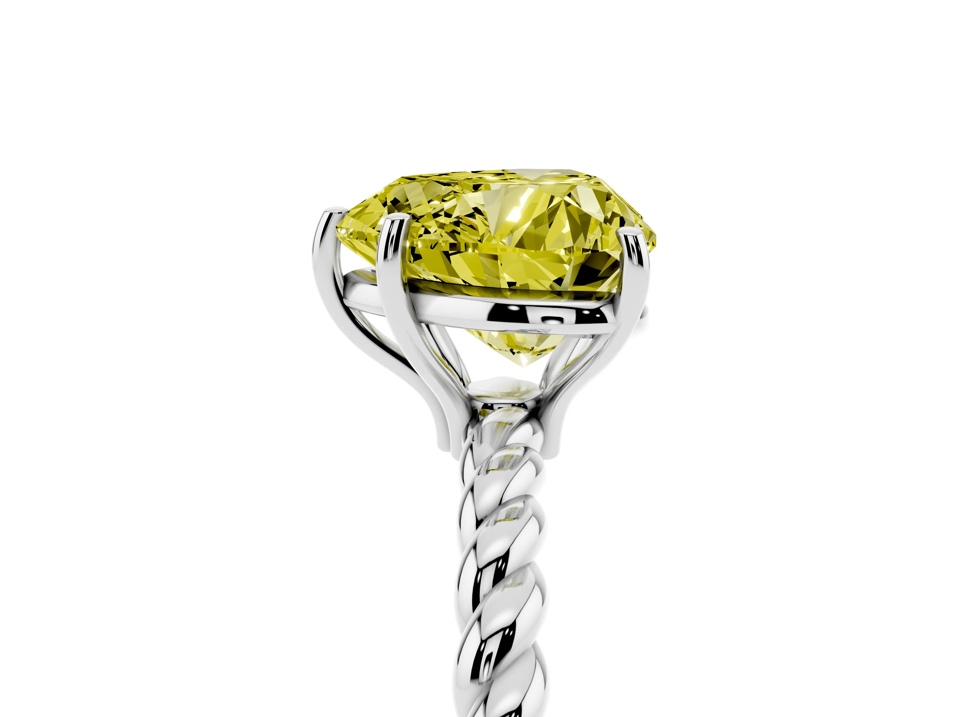 Fancy Yellow Heart Cut Diamond Solitaire Ring Set in White gold with Twist Band and Prong Setting