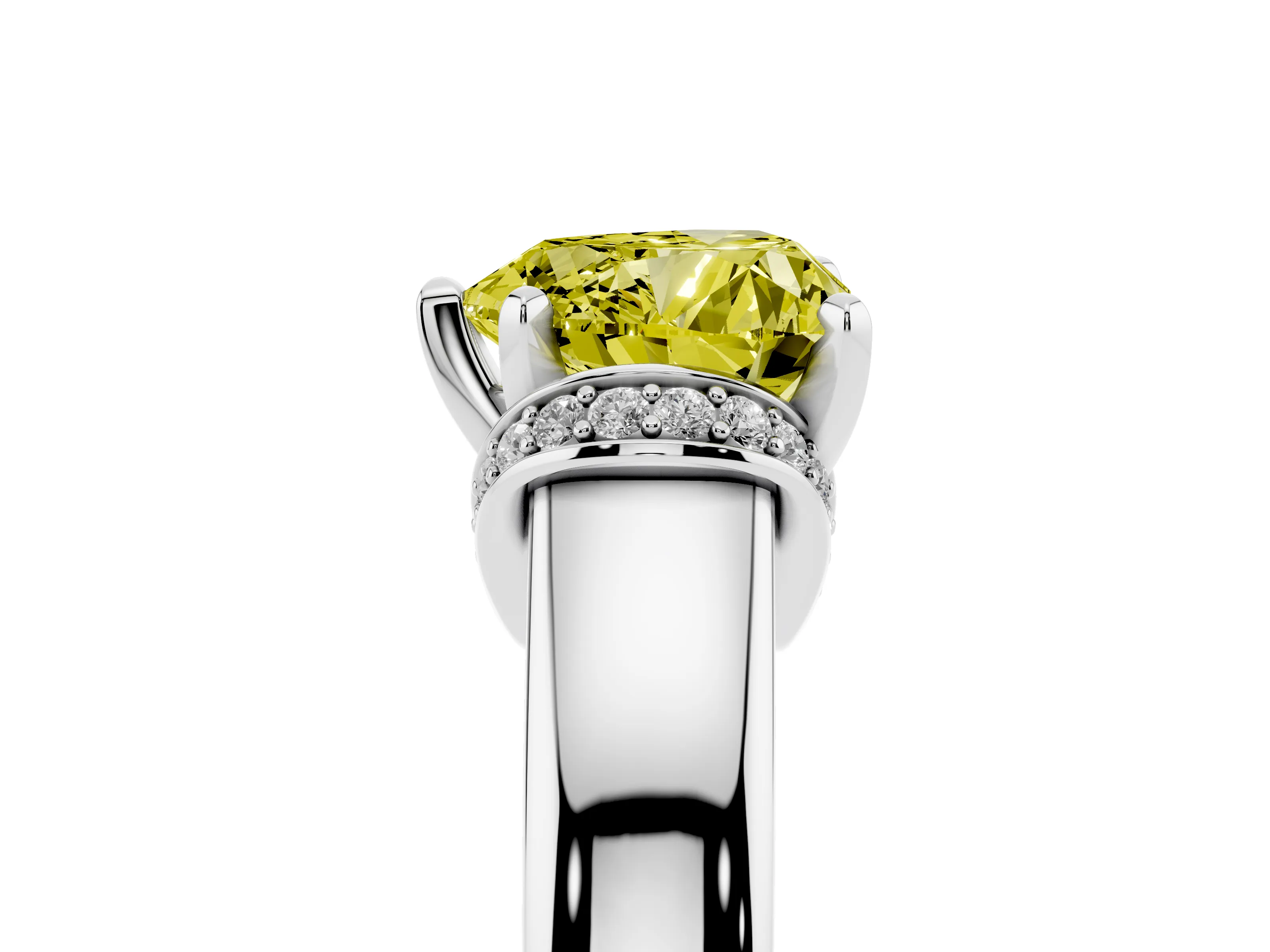 Fancy Yellow Heart Cut Diamond Pavé Band Solitaire Ring Set in Silver with Prong Setting