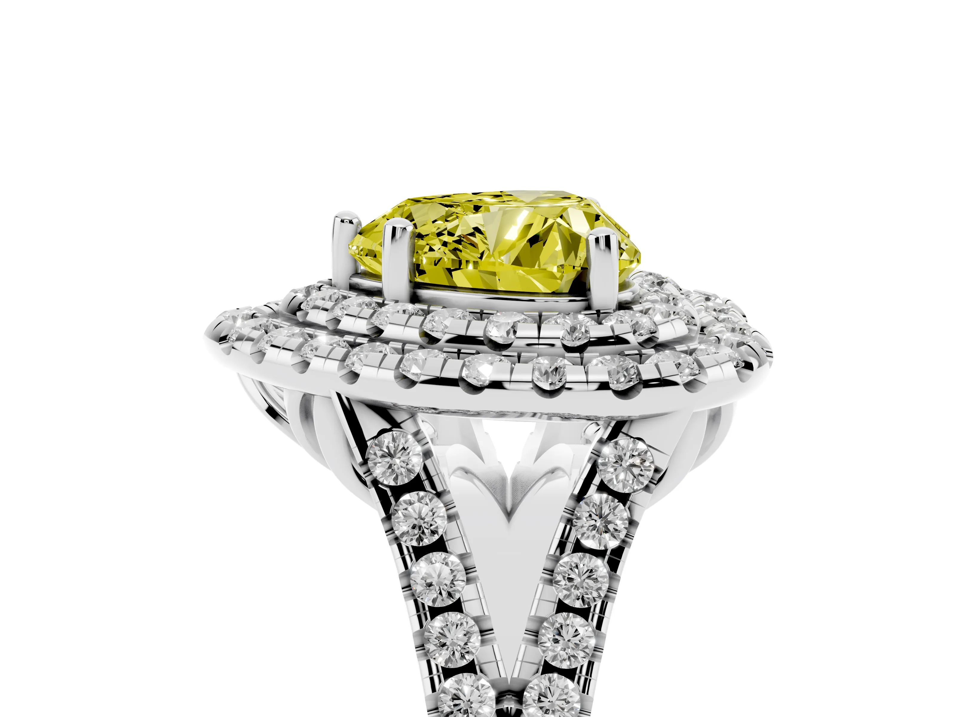 Fancy Yellow Heart Cut Diamond Double Halo Ring Set in Platinum with Pavé Split Shank and Prong Setting