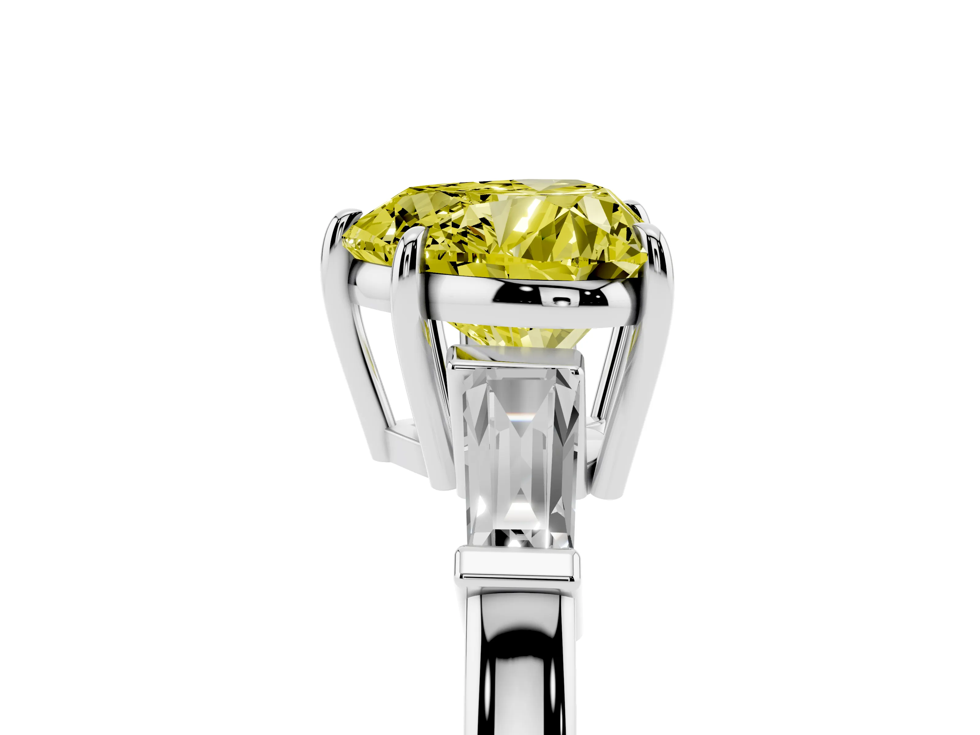 Fancy Yellow Heart Cut Diamond Three-Stone Ring Set in Platinum with Tapered Baguette Side Stones and Prong Setting