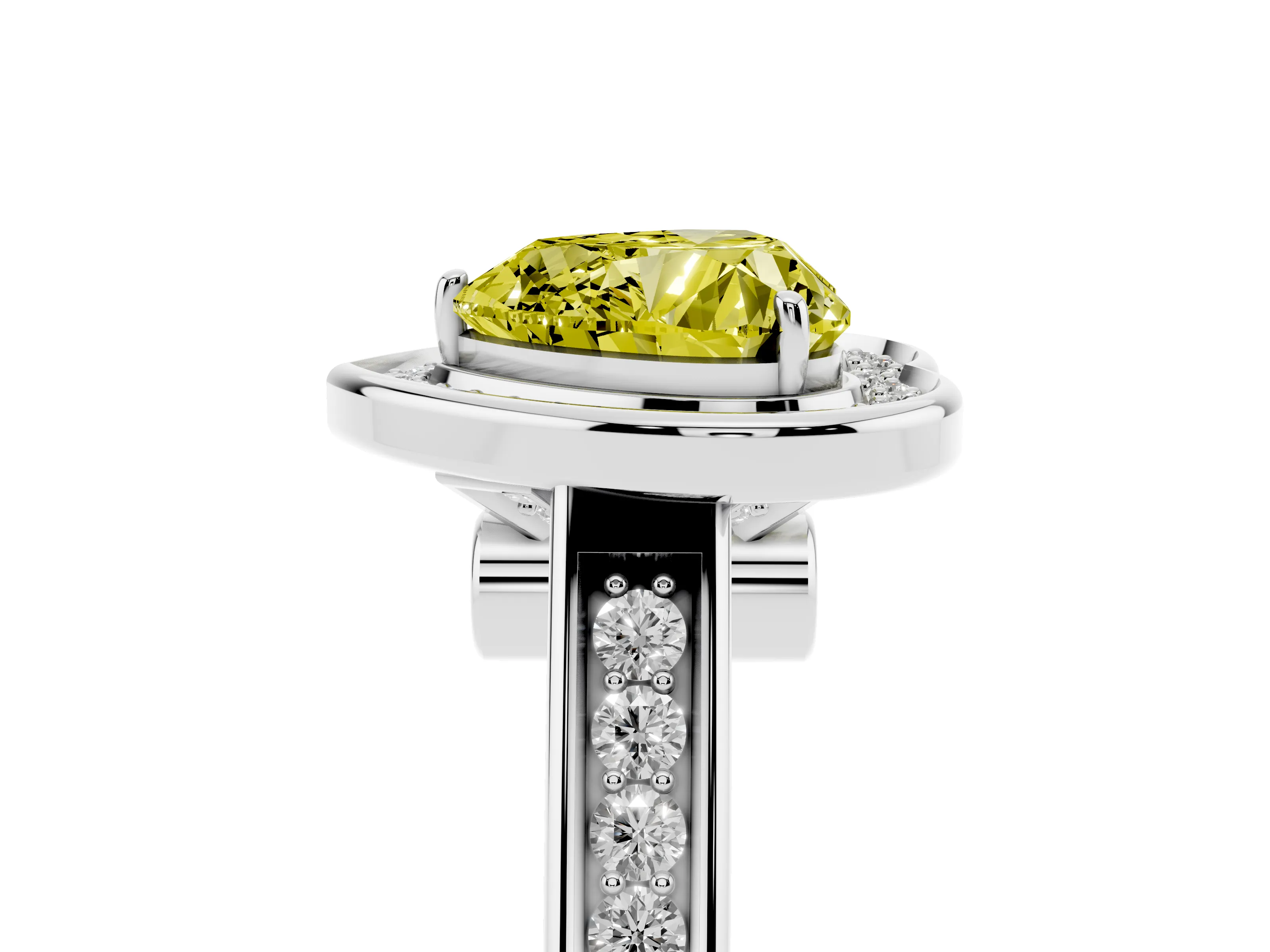 Fancy Yellow Heart Cut Diamond Halo Solitaire Ring Set in White gold with Pavé Band and Bezel Setting