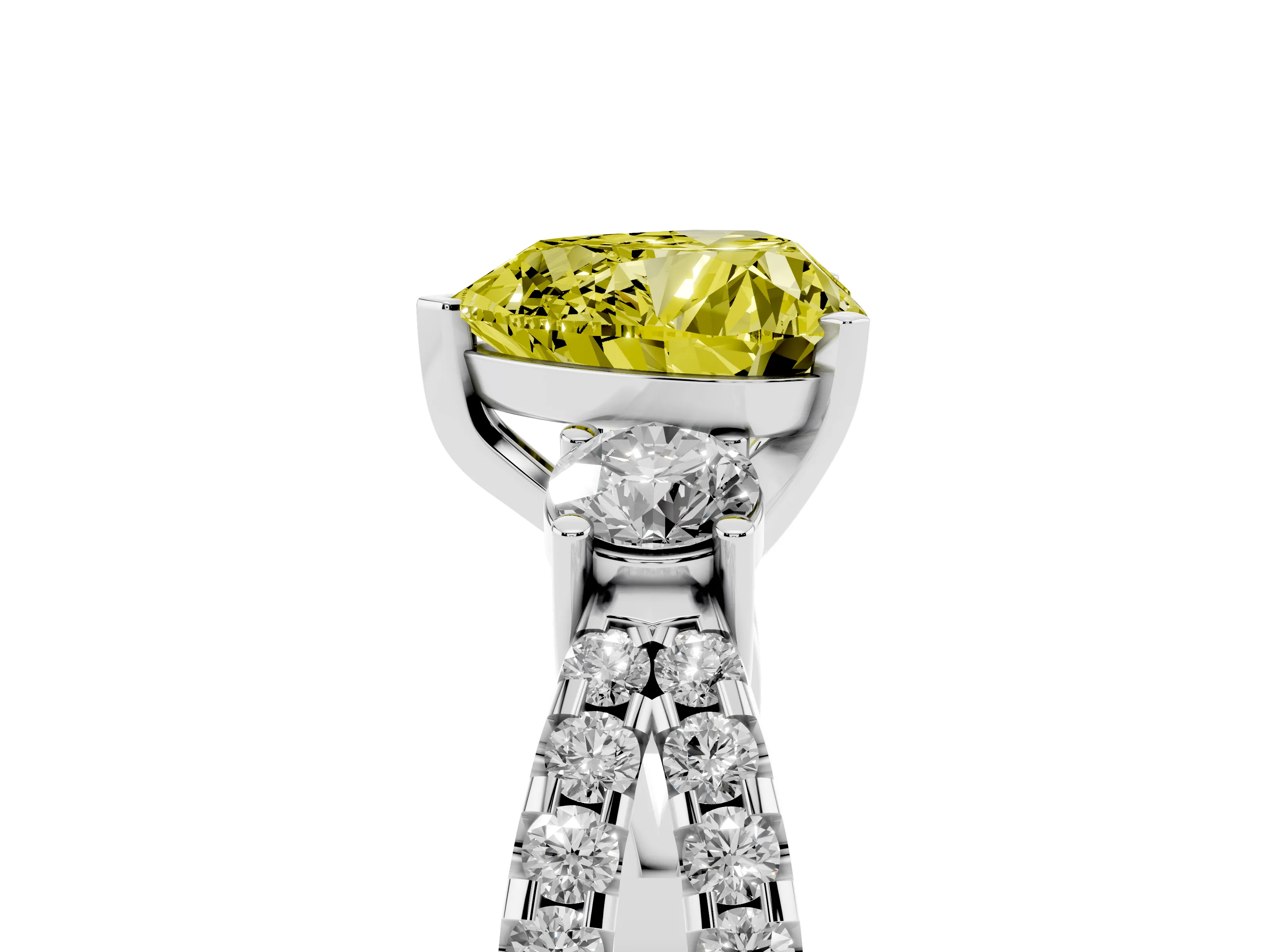 Fancy Yellow Heart Cut Diamond Three-Stone Ring Set in Platinum with Pavé Split Shank and Prong Setting