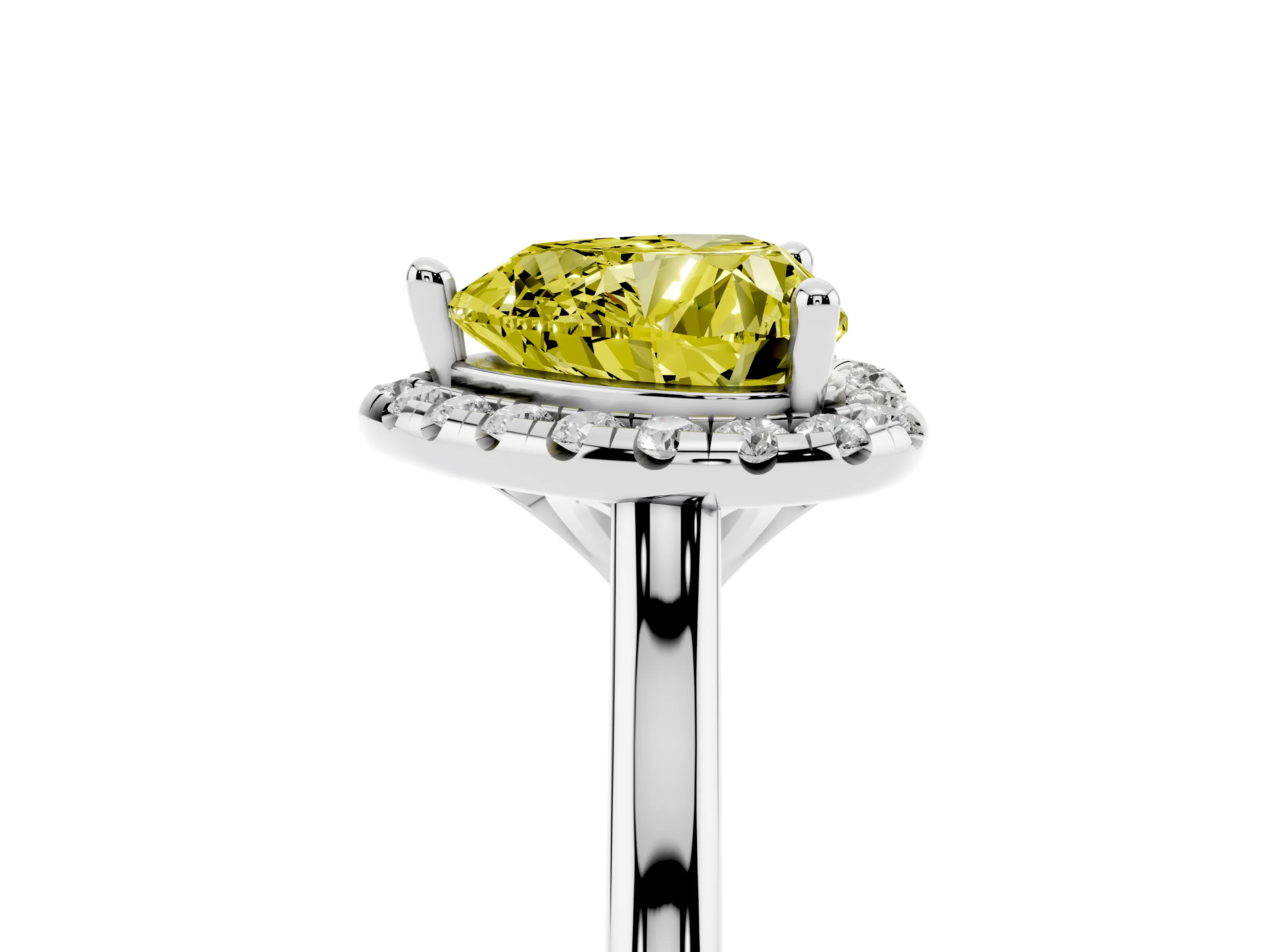 Fancy Yellow Heart Cut Diamond Halo Engagement Ring Set in White gold with Pavé Band and Rising Shoulders