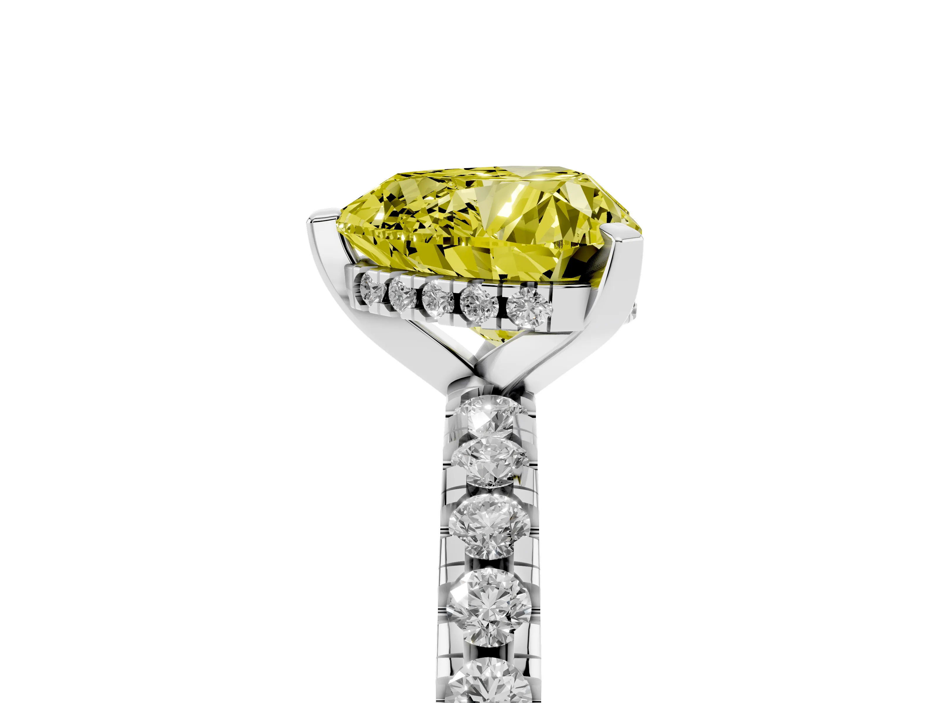 Fancy Yellow Heart Cut Diamond Pavé Solitaire Ring Set in White gold with Round Band Accents and Prong Setting