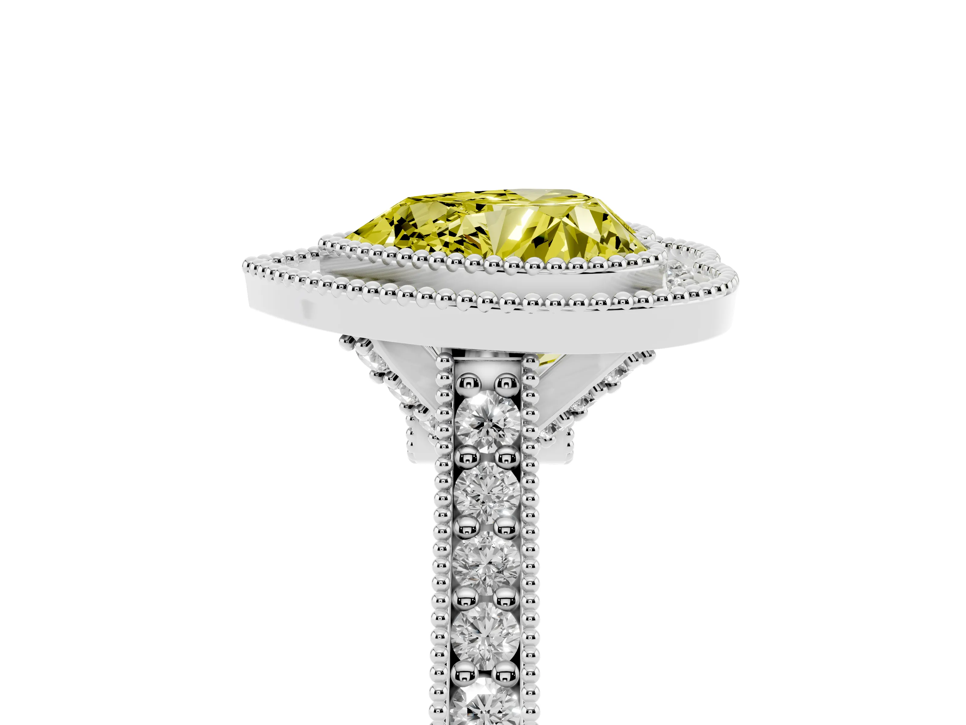 Fancy Yellow Heart Cut Diamond Halo Milgrain Pavé Band Ring Set in Platinum with Prong Setting