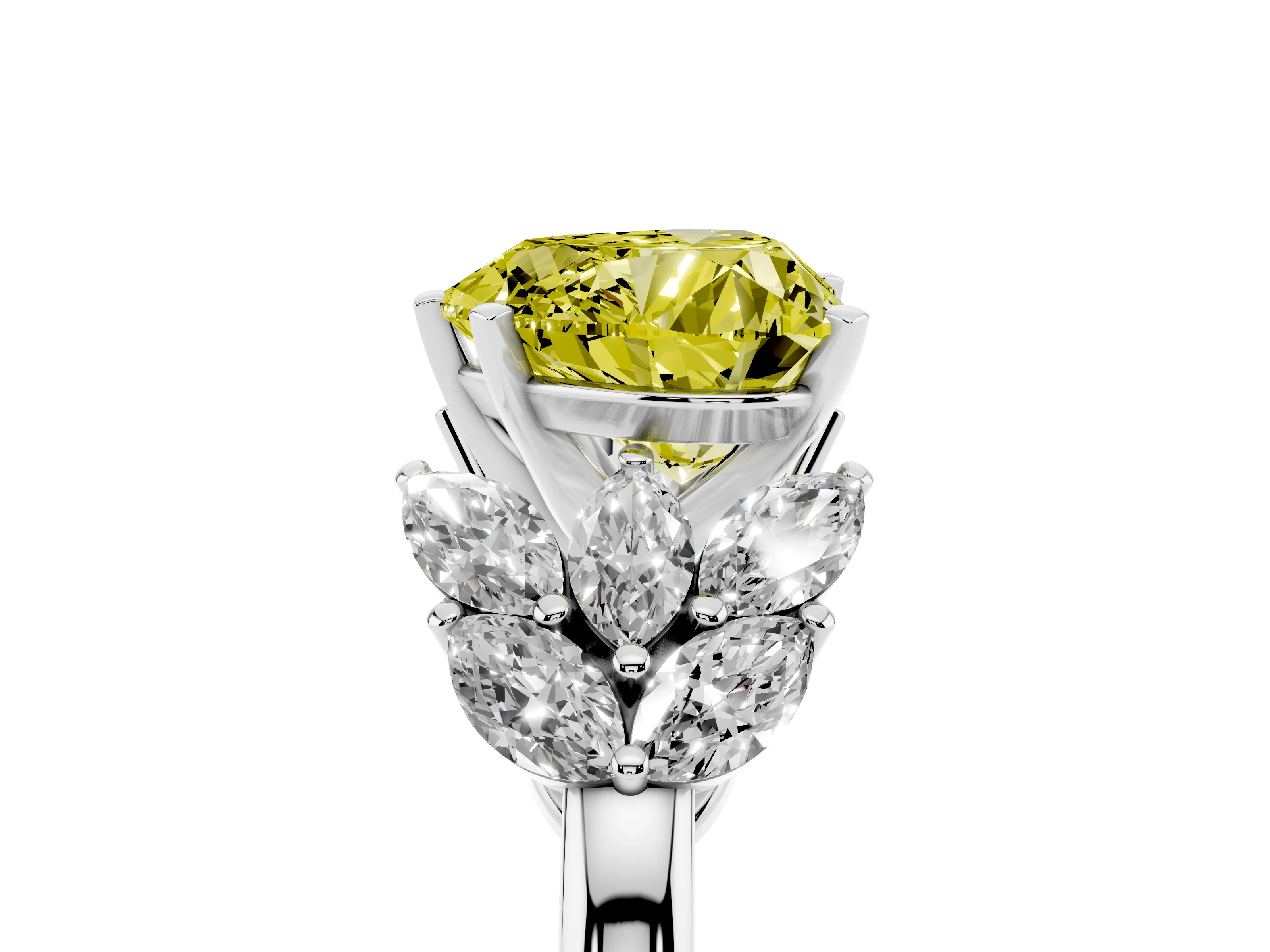 Fancy Yellow Heart Cut Diamond Cluster Leaf Design Ring Set in Silver with Prong Setting