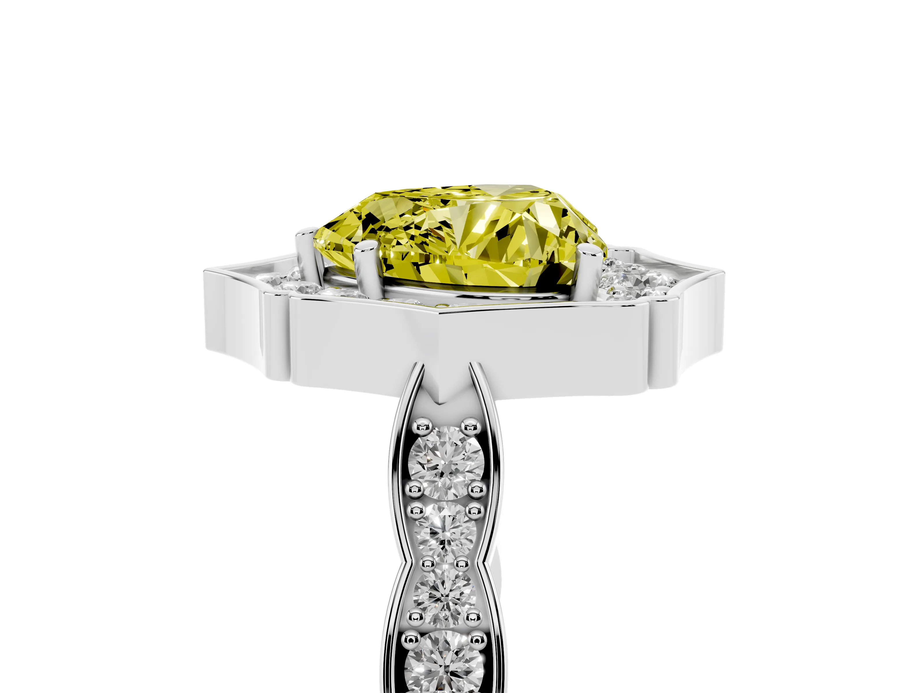 Fancy Yellow Heart Cut Diamond Halo Engagement Ring Set in White gold with Milgrain Band and Prong Setting